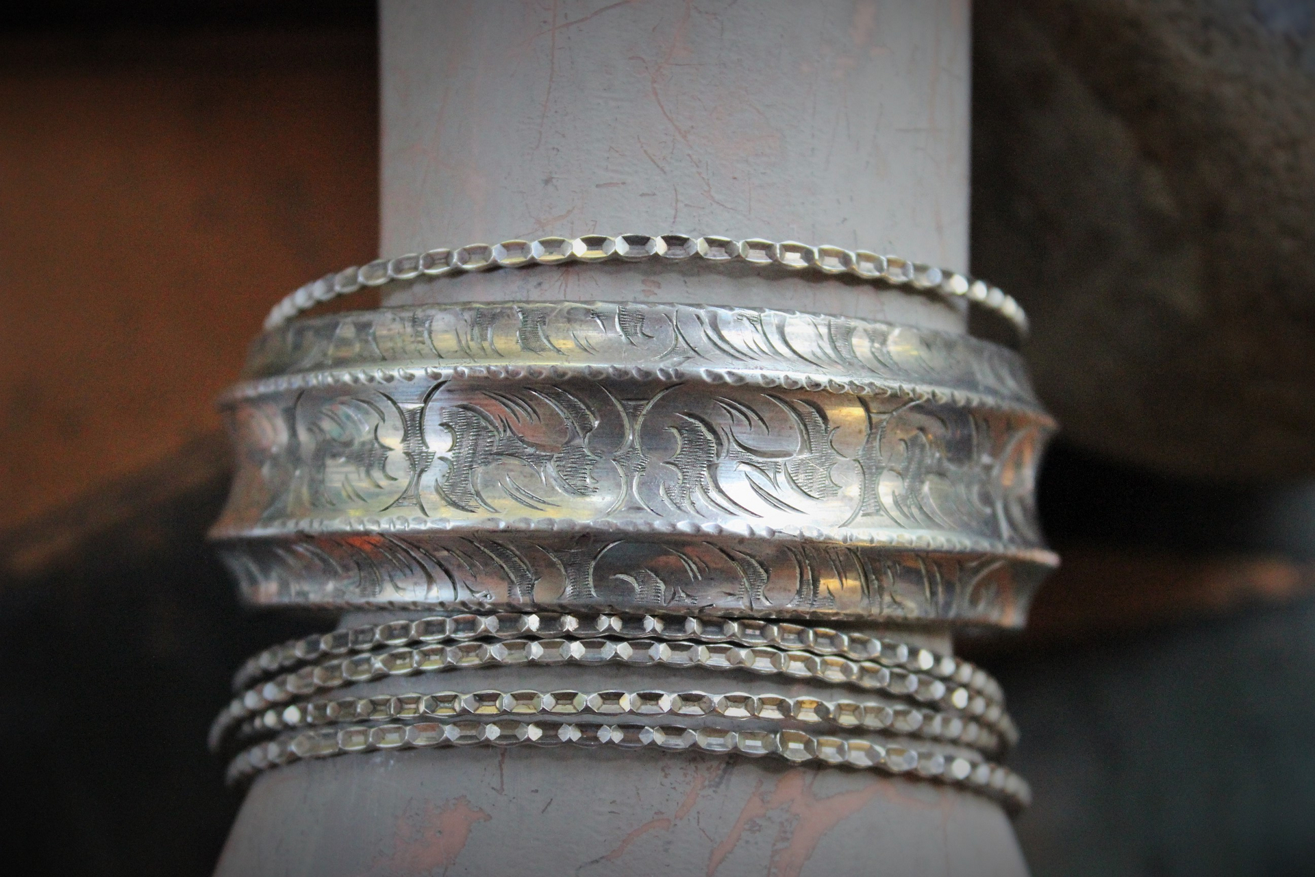 Set of 6 Antique Sterling Stacking Bangle Bracelets w/Rare Antique French Engraved Our Lady Medal,Antique Faceted Rock Crystal Tear Drop,Antique French Paste Connector & More!