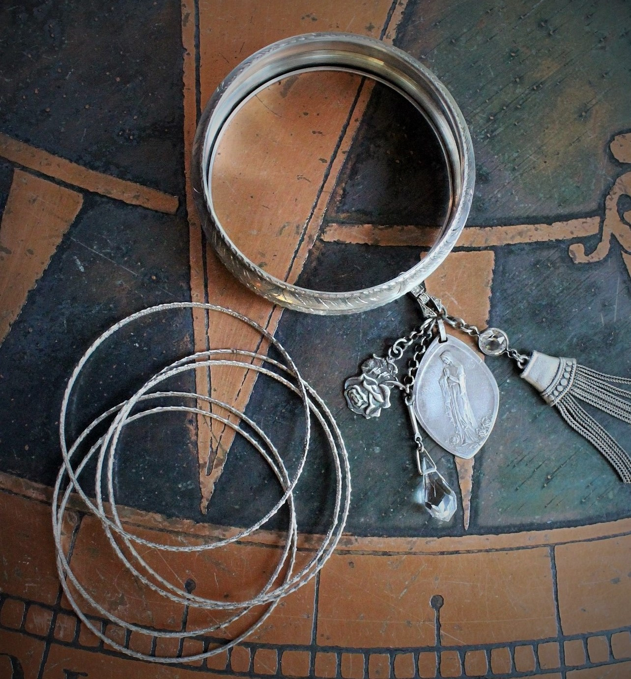 Set of 6 Antique Sterling Stacking Bangle Bracelets w/Rare Antique French Engraved Our Lady Medal,Antique Faceted Rock Crystal Tear Drop,Antique French Paste Connector & More!
