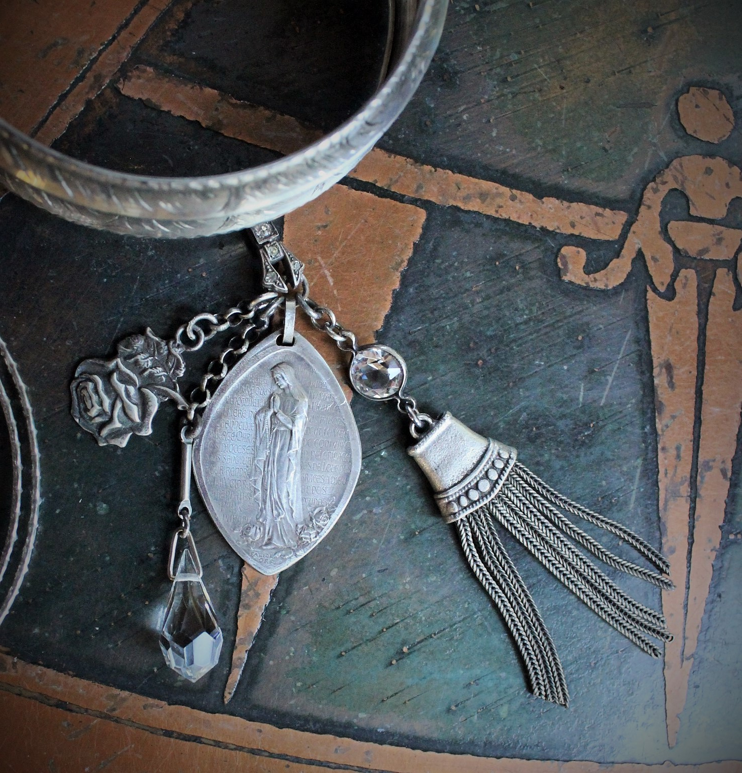 Set of 6 Antique Sterling Stacking Bangle Bracelets w/Rare Antique French Engraved Our Lady Medal,Antique Faceted Rock Crystal Tear Drop,Antique French Paste Connector & More!