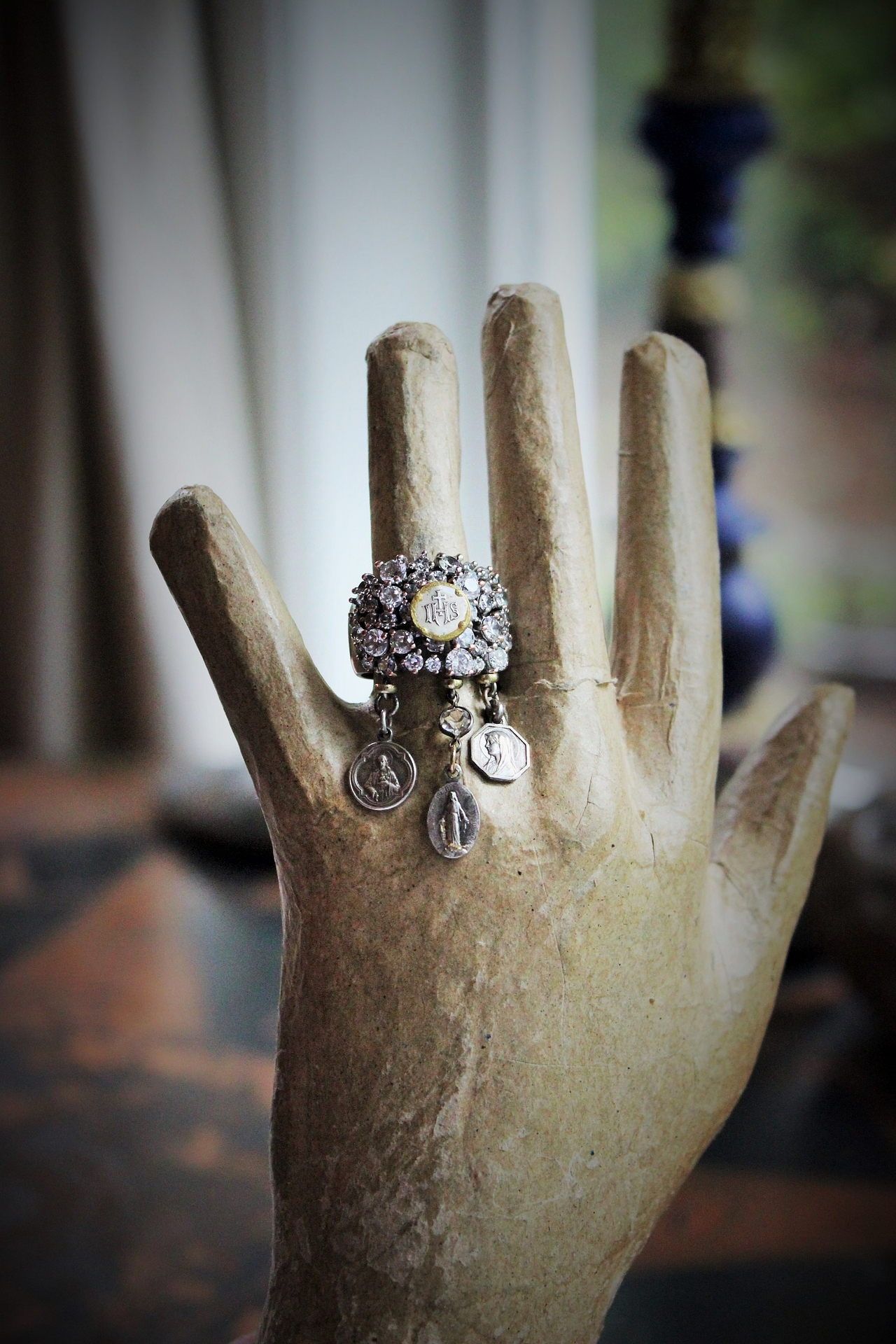Unique Faceted White Topaz Ring w/Antique French Medals,Antique Bezel Set Rock Crystal Connector