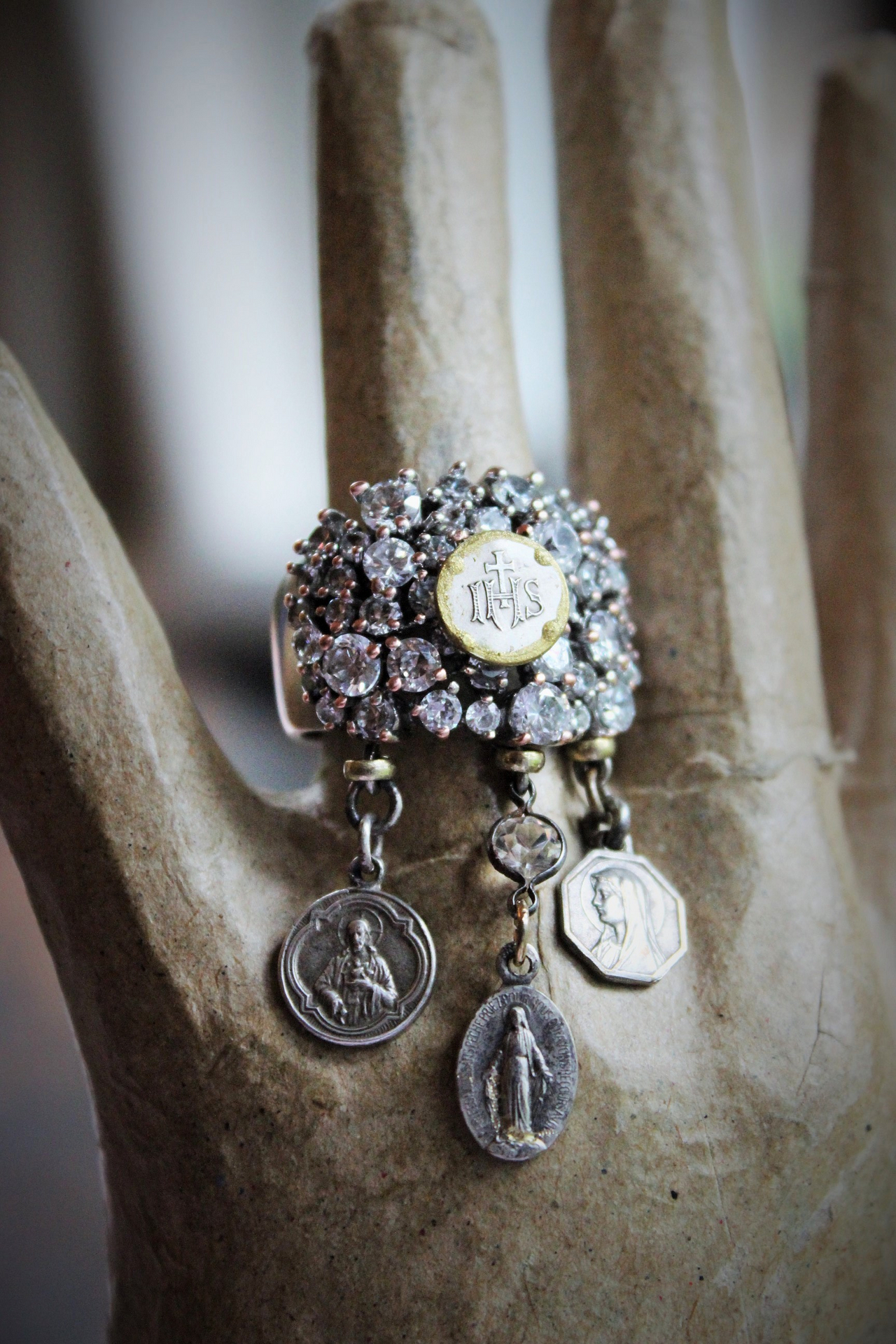 Unique Faceted White Topaz Ring w/Antique French Medals,Antique Bezel Set Rock Crystal Connector