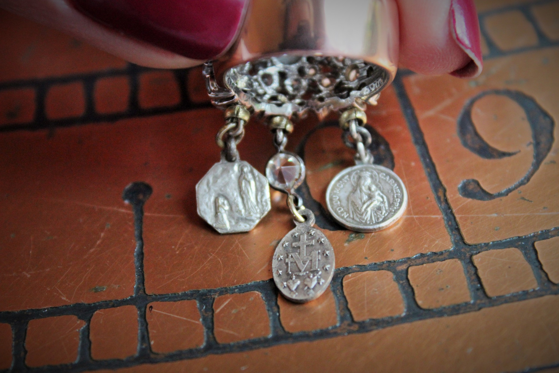 Unique Faceted White Topaz Ring w/Antique French Medals,Antique Bezel Set Rock Crystal Connector
