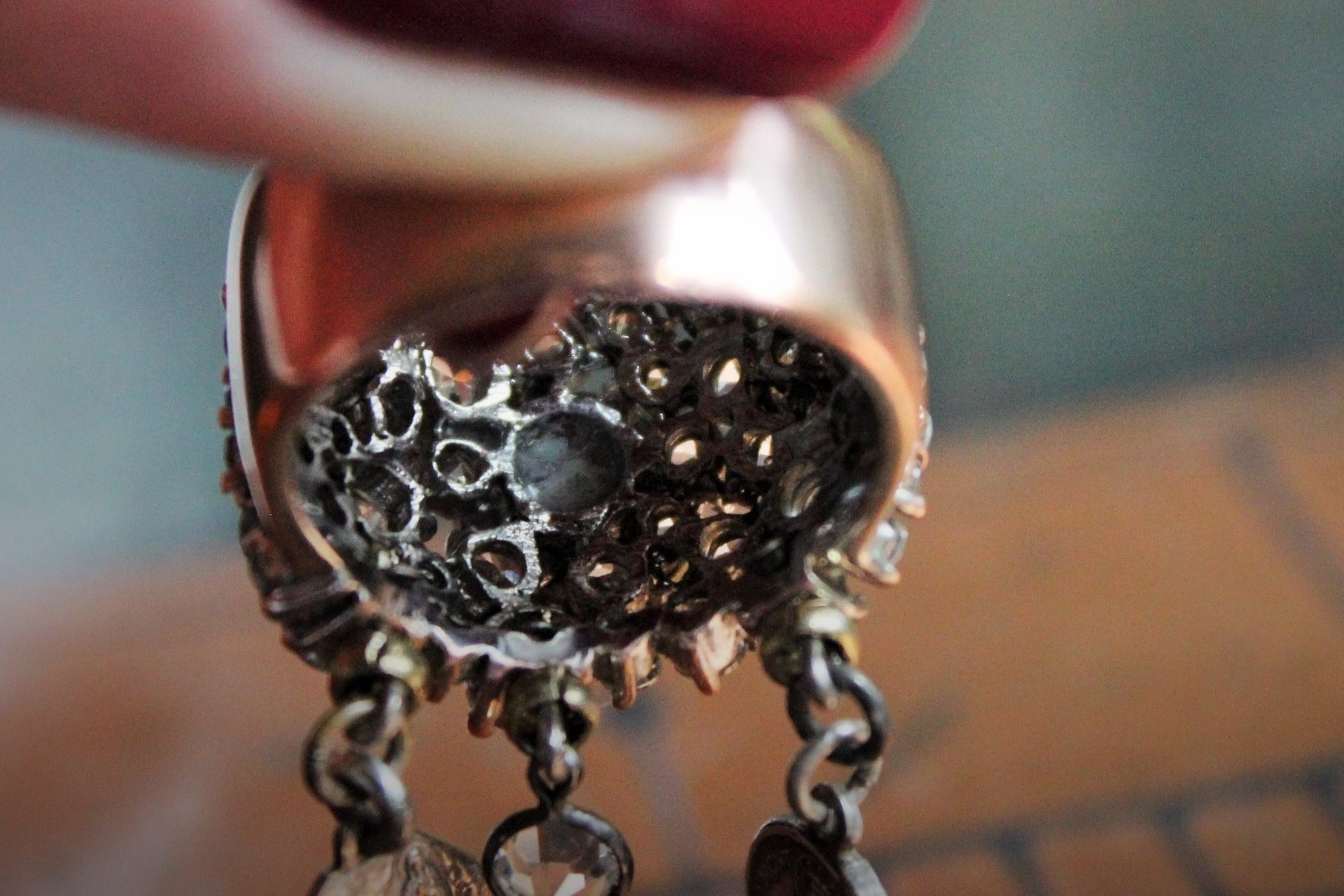 Unique Faceted White Topaz Ring w/Antique French Medals,Antique Bezel Set Rock Crystal Connector