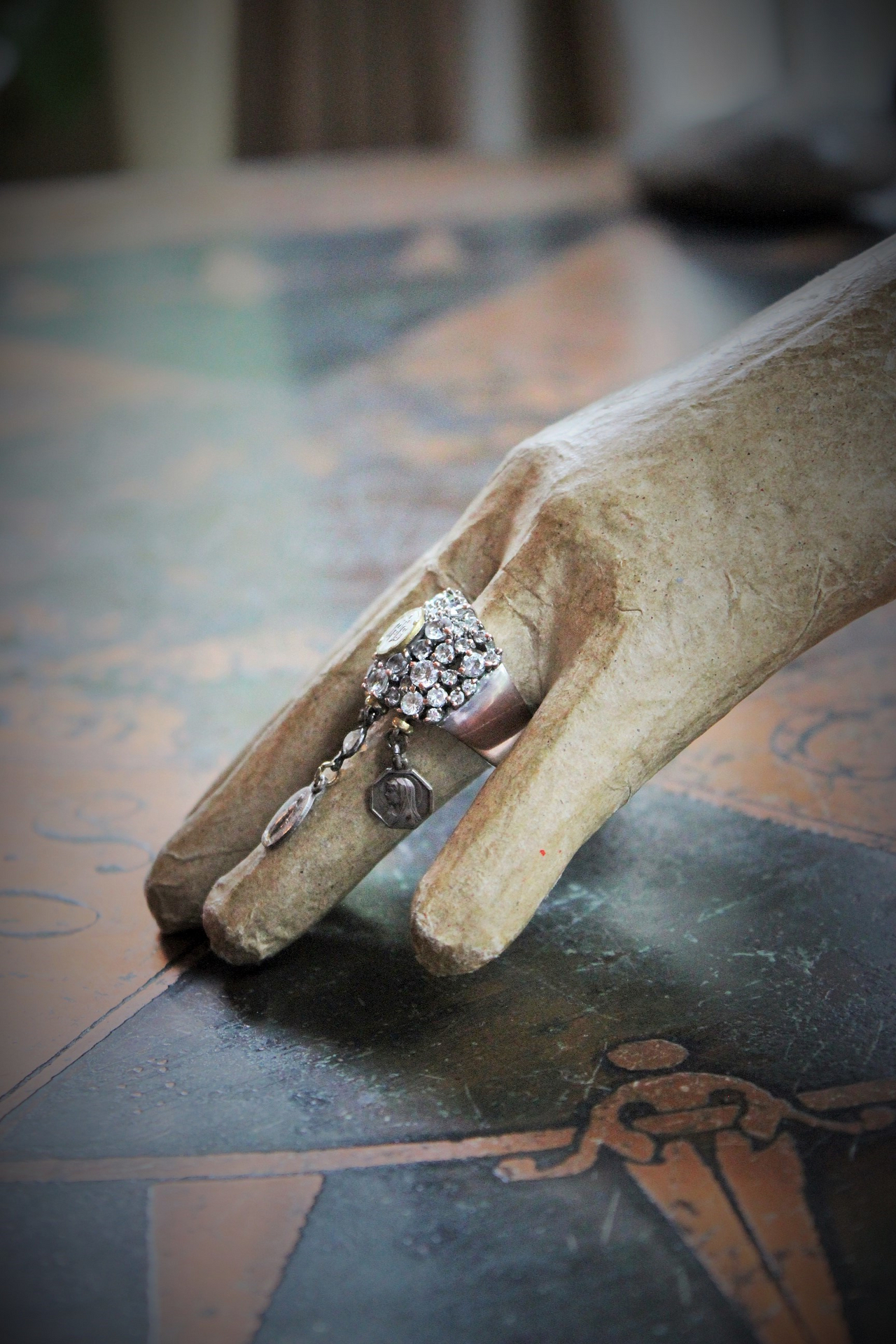 Unique Faceted White Topaz Ring w/Antique French Medals,Antique Bezel Set Rock Crystal Connector