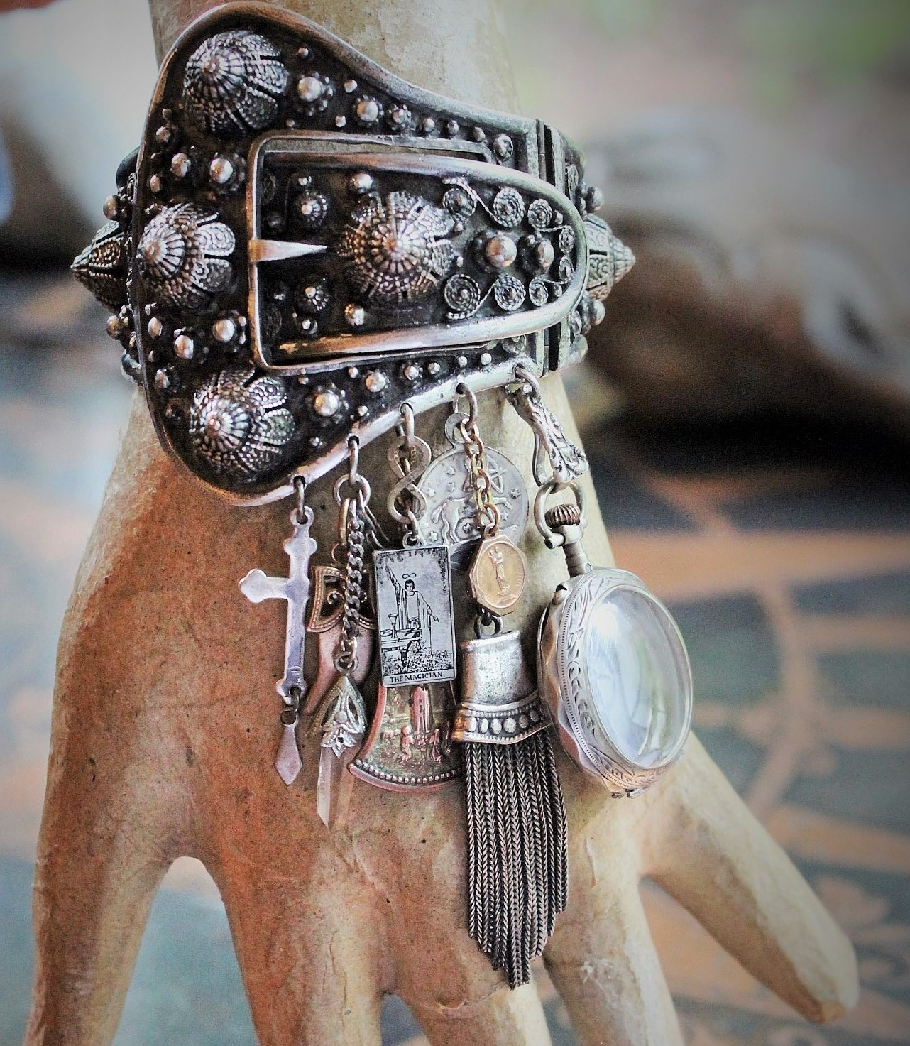Gypsy Soul Cuff Bracelet w/Antique Etrusceana Silver Buckle Cuff, Antique Sterling Locket w/Saint Sarah of the Gypsies Image,Sterling 'The Magician' Tarot Medal & Much More!