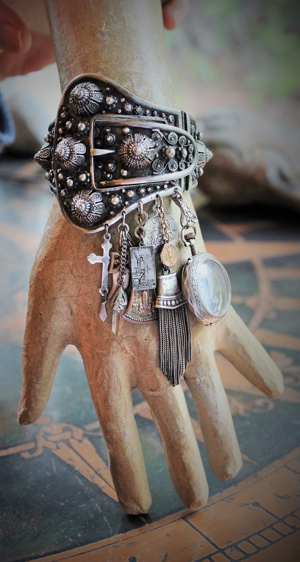 Gypsy Soul Cuff Bracelet w/Antique Etrusceana Silver Buckle Cuff, Antique Sterling Locket w/Saint Sarah of the Gypsies Image,Sterling 'The Magician' Tarot Medal & Much More!