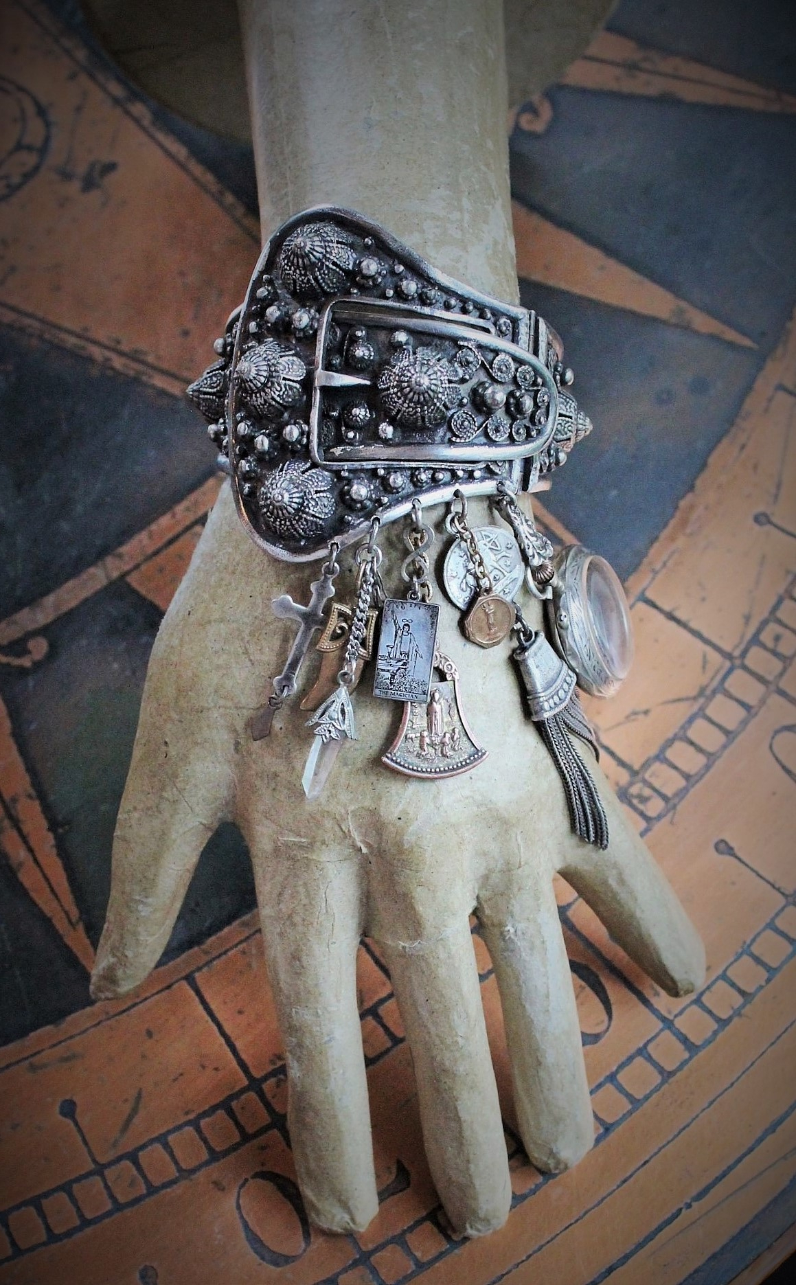 Gypsy Soul Cuff Bracelet w/Antique Etrusceana Silver Buckle Cuff, Antique Sterling Locket w/Saint Sarah of the Gypsies Image,Sterling 'The Magician' Tarot Medal & Much More!