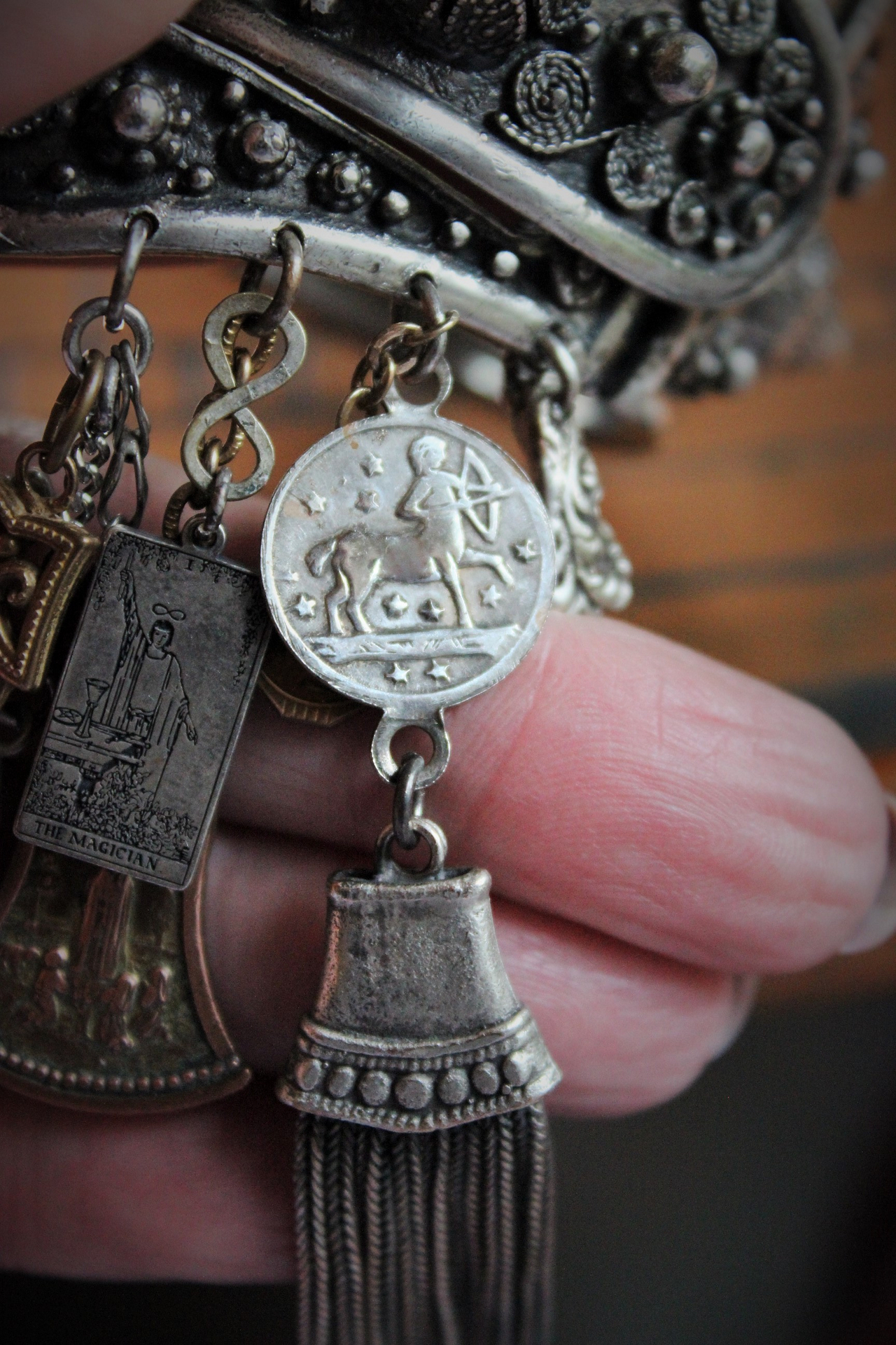 Gypsy Soul Cuff Bracelet w/Antique Etrusceana Silver Buckle Cuff, Antique Sterling Locket w/Saint Sarah of the Gypsies Image,Sterling 'The Magician' Tarot Medal & Much More!