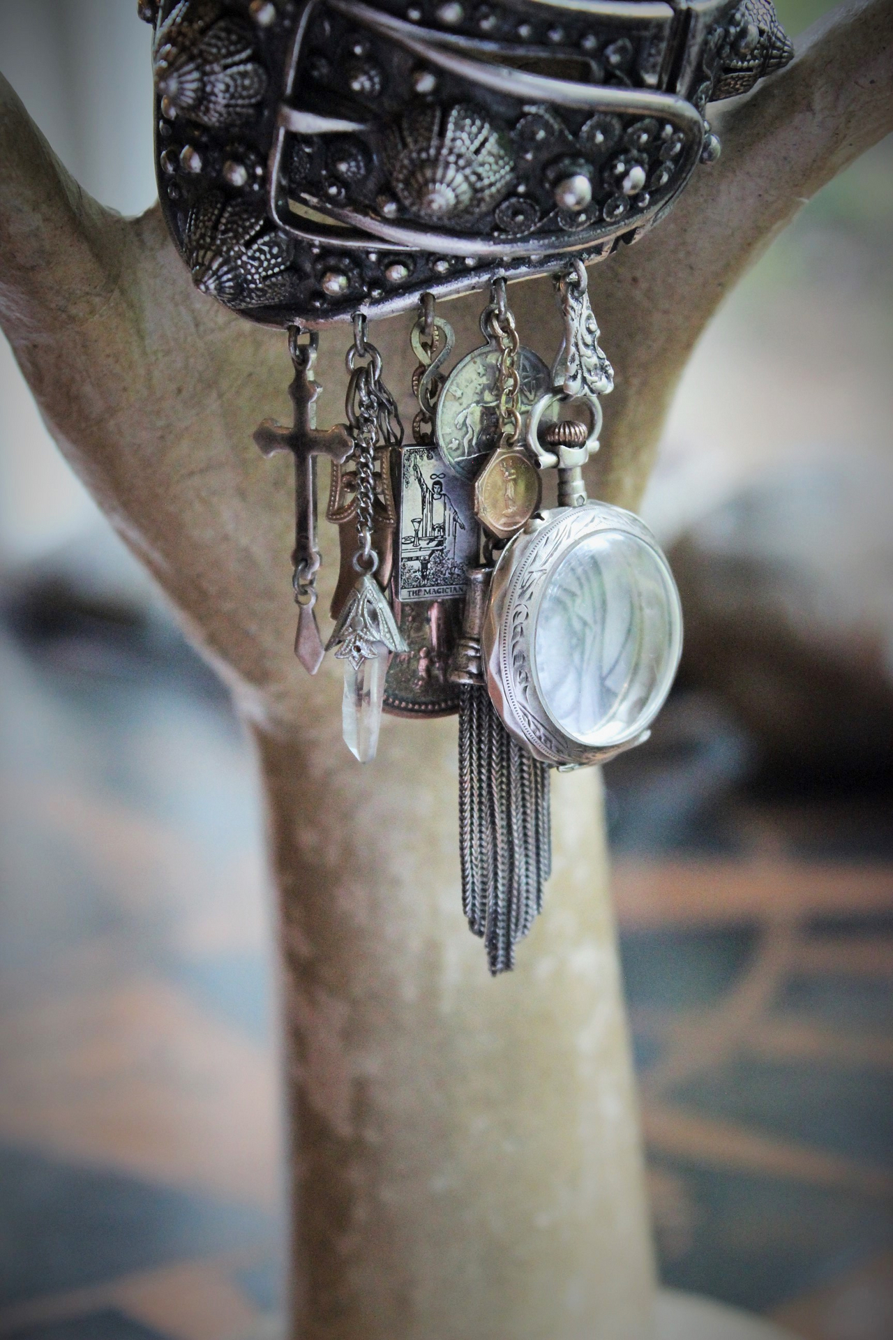 Gypsy Soul Cuff Bracelet w/Antique Etrusceana Silver Buckle Cuff, Antique Sterling Locket w/Saint Sarah of the Gypsies Image,Sterling 'The Magician' Tarot Medal & Much More!