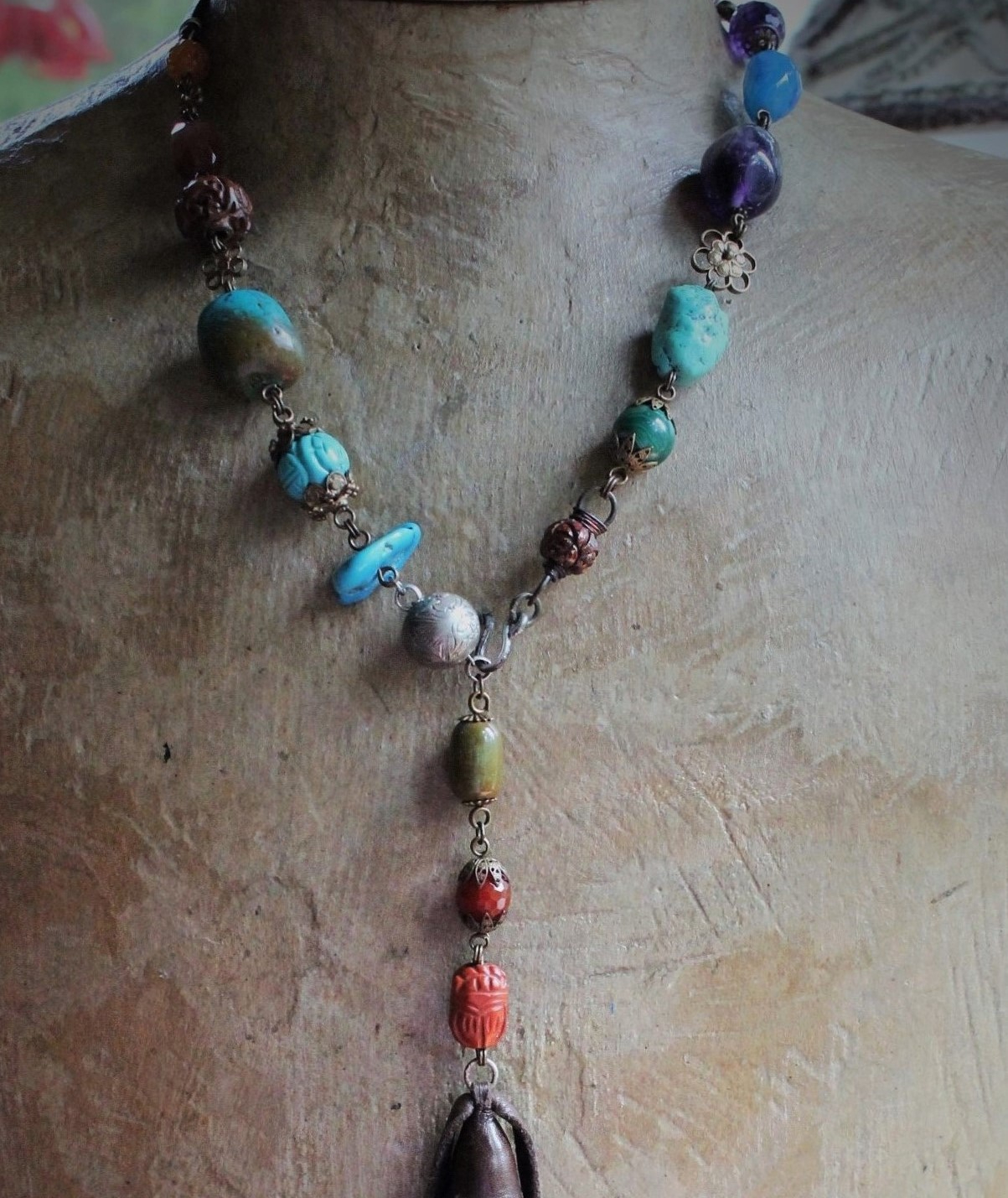 Gemstone Lariat Necklace w/Turquoise, Malachite, Amethyst and More, Artisan Made Butter Soft Dark Brown Tassel, Hand Wrought Sterling Hook