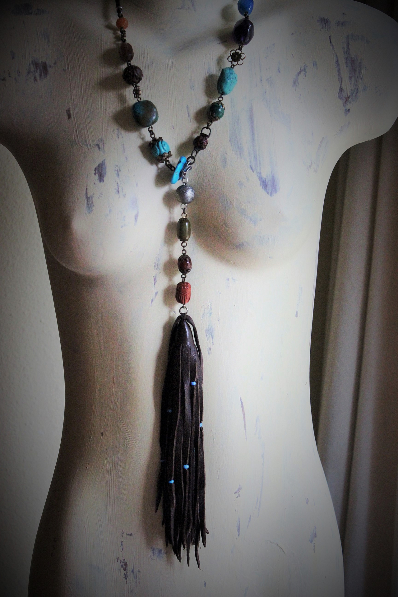 Gemstone Lariat Necklace w/Turquoise, Malachite, Amethyst and More, Artisan Made Butter Soft Dark Brown Tassel, Hand Wrought Sterling Hook