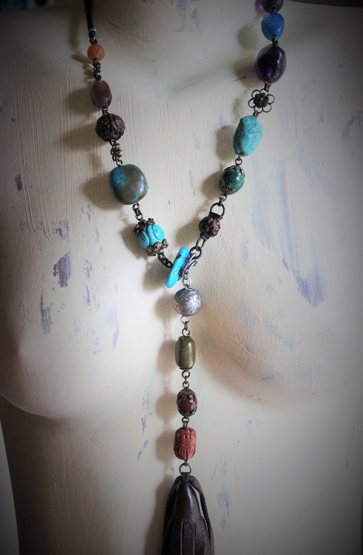 Gemstone Lariat Necklace w/Turquoise, Malachite, Amethyst and More, Artisan Made Butter Soft Dark Brown Tassel, Hand Wrought Sterling Hook