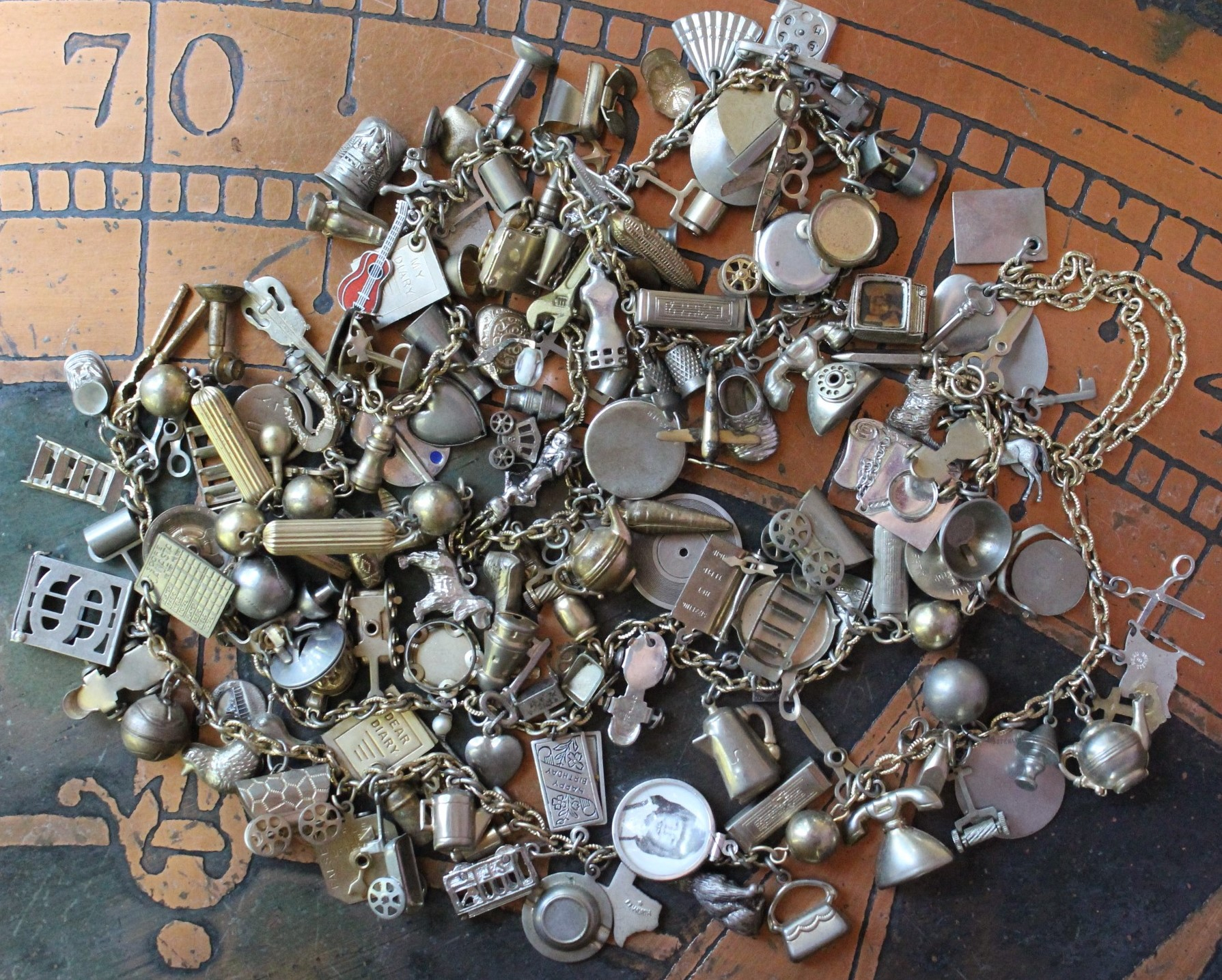 Price Reduced! Long Fully Loaded Antique & Vintage Charm Necklace with Dozens of Articulating, Rare, and Unusual Metal & Sterling Charms - Wear as Is or Make Several Charm Bracelets & Necklaces!