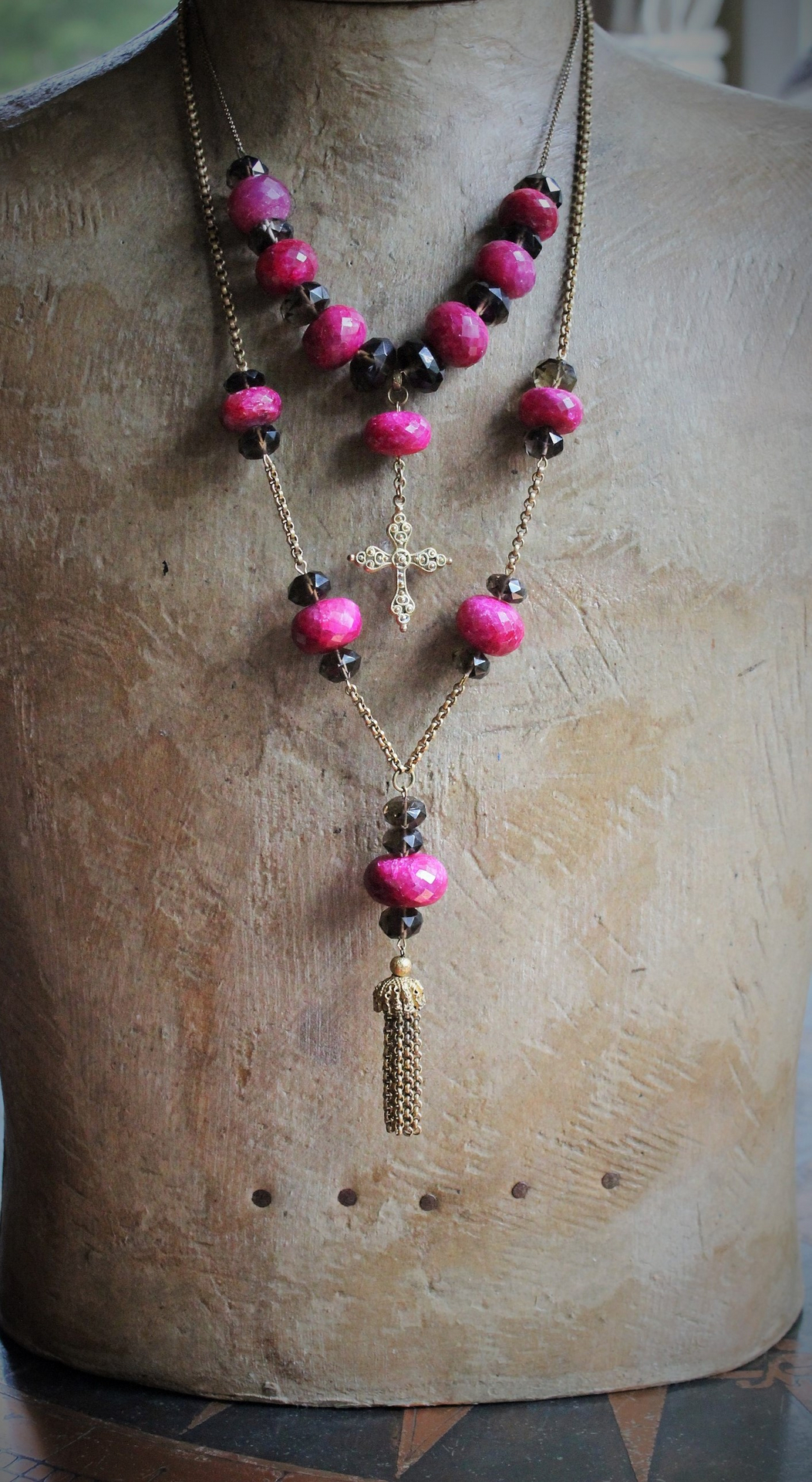 Faceted Natural Ruby & Faceted Smoky Topaz Necklace & Earring Set w/Antique Goldfill Cross, Antique Chain & Chain Tassel