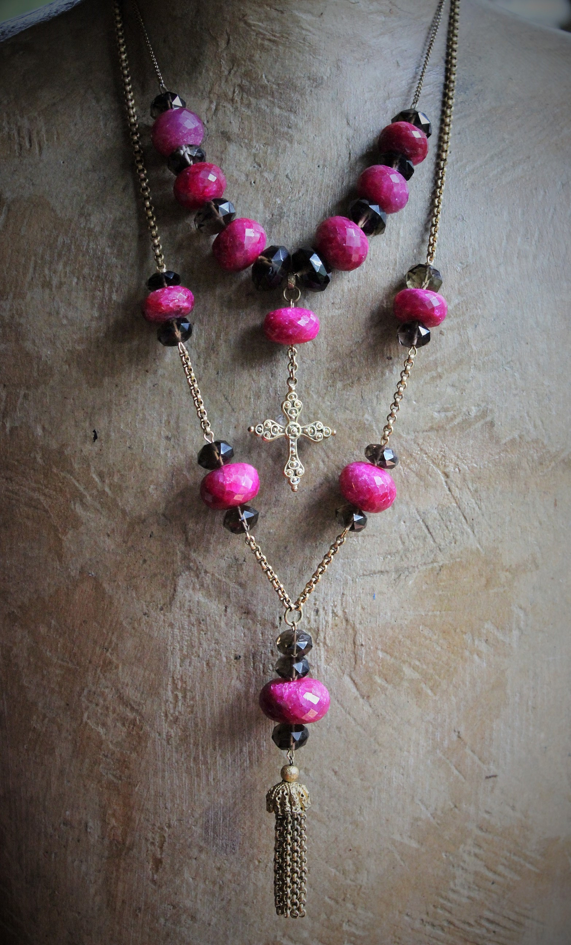 Faceted Natural Ruby & Faceted Smoky Topaz Necklace & Earring Set w/Antique Goldfill Cross, Antique Chain & Chain Tassel