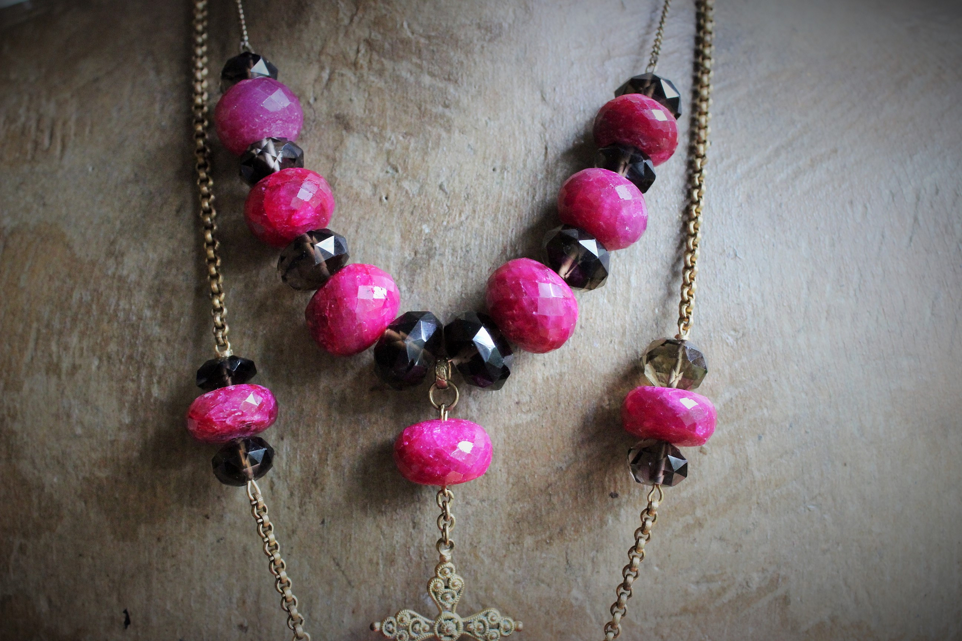 Faceted Natural Ruby & Faceted Smoky Topaz Necklace & Earring Set w/Antique Goldfill Cross, Antique Chain & Chain Tassel