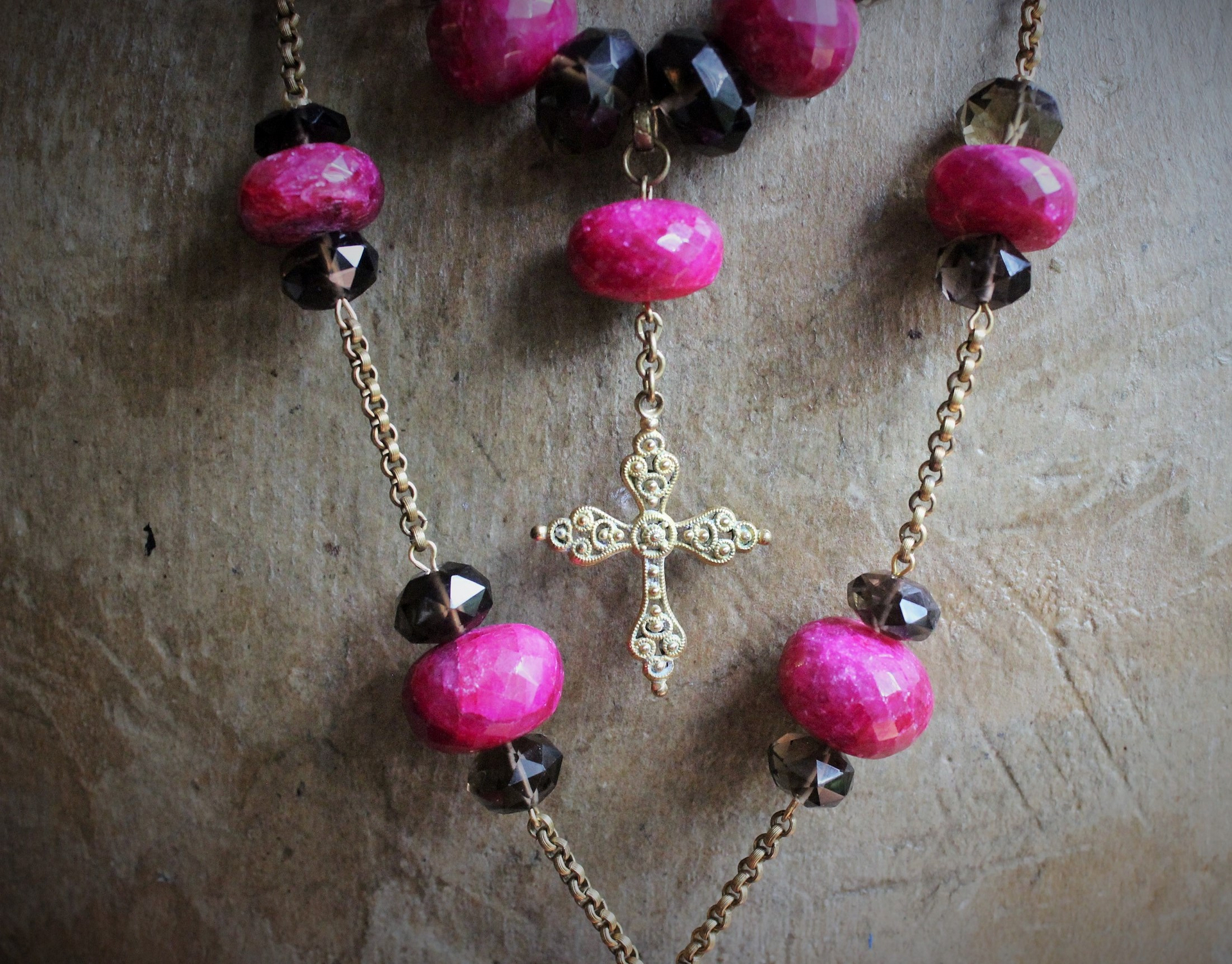 Faceted Natural Ruby & Faceted Smoky Topaz Necklace & Earring Set w/Antique Goldfill Cross, Antique Chain & Chain Tassel