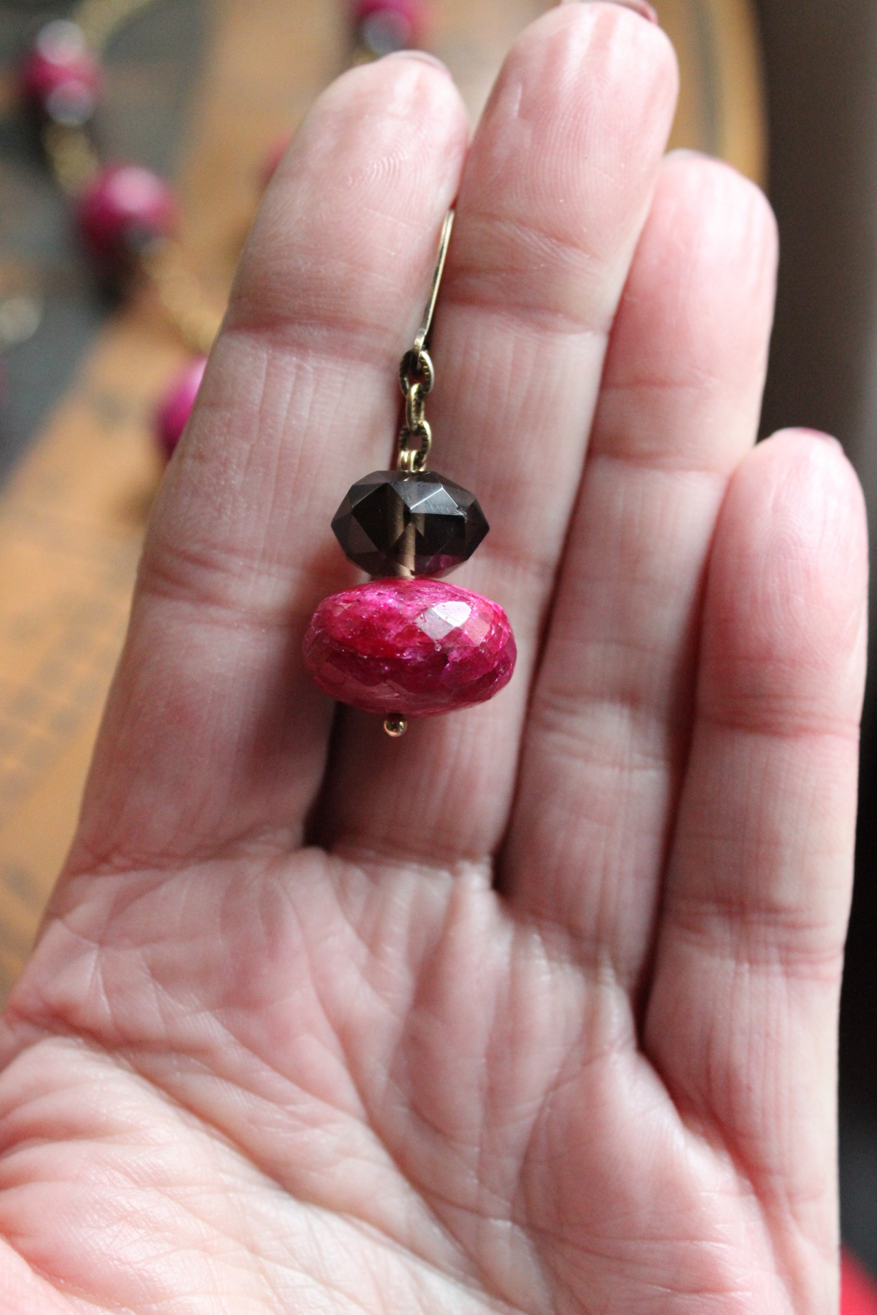 Faceted Natural Ruby & Faceted Smoky Topaz Necklace & Earring Set w/Antique Goldfill Cross, Antique Chain & Chain Tassel