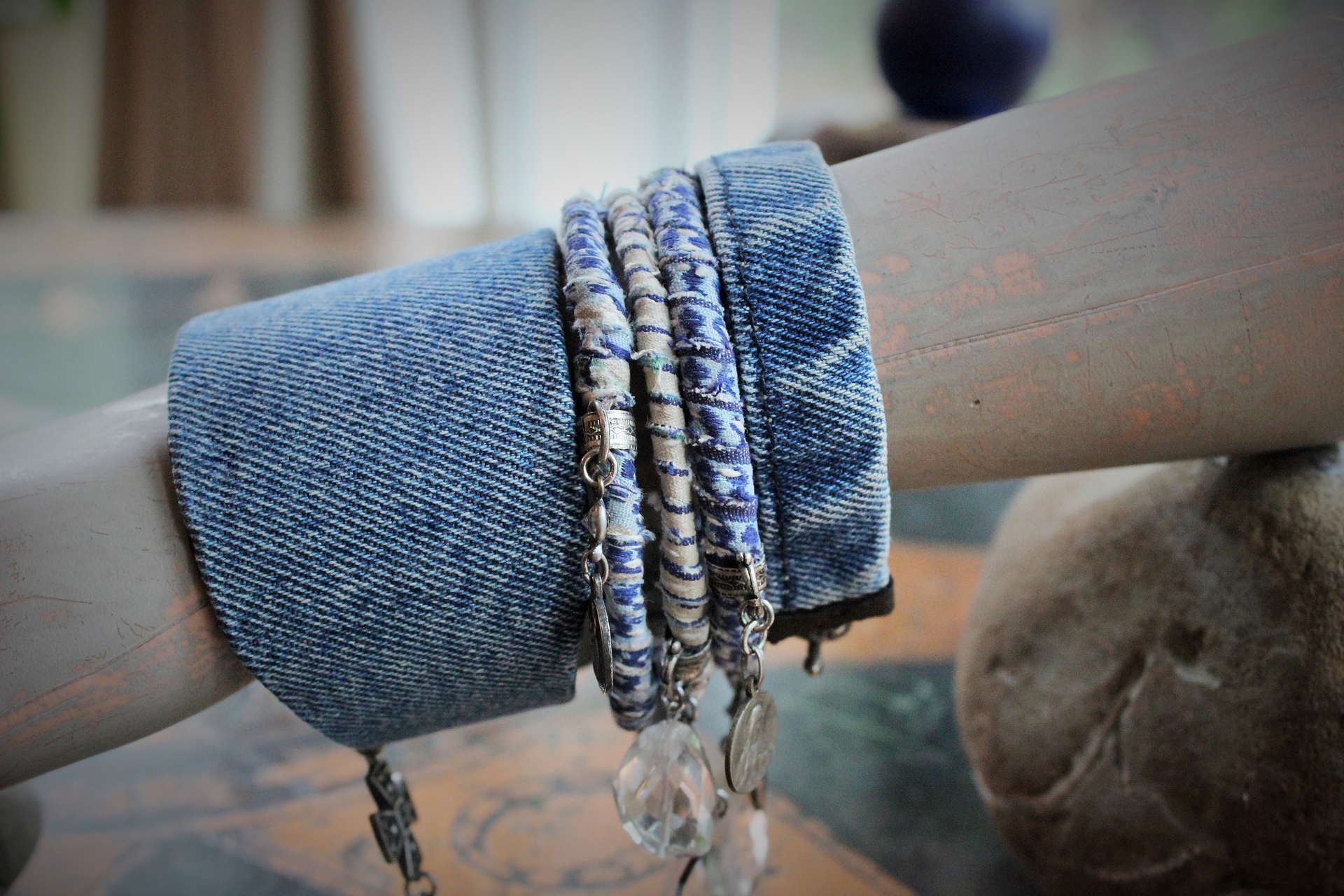 Stacking Distressed Denim, Kantha & Leather 5 Bangle Set w/Engraved French Mater Amabilis Cross,Flaming Sacred Heart Medal,Sterling 4 Way Cross & Tassel + More!