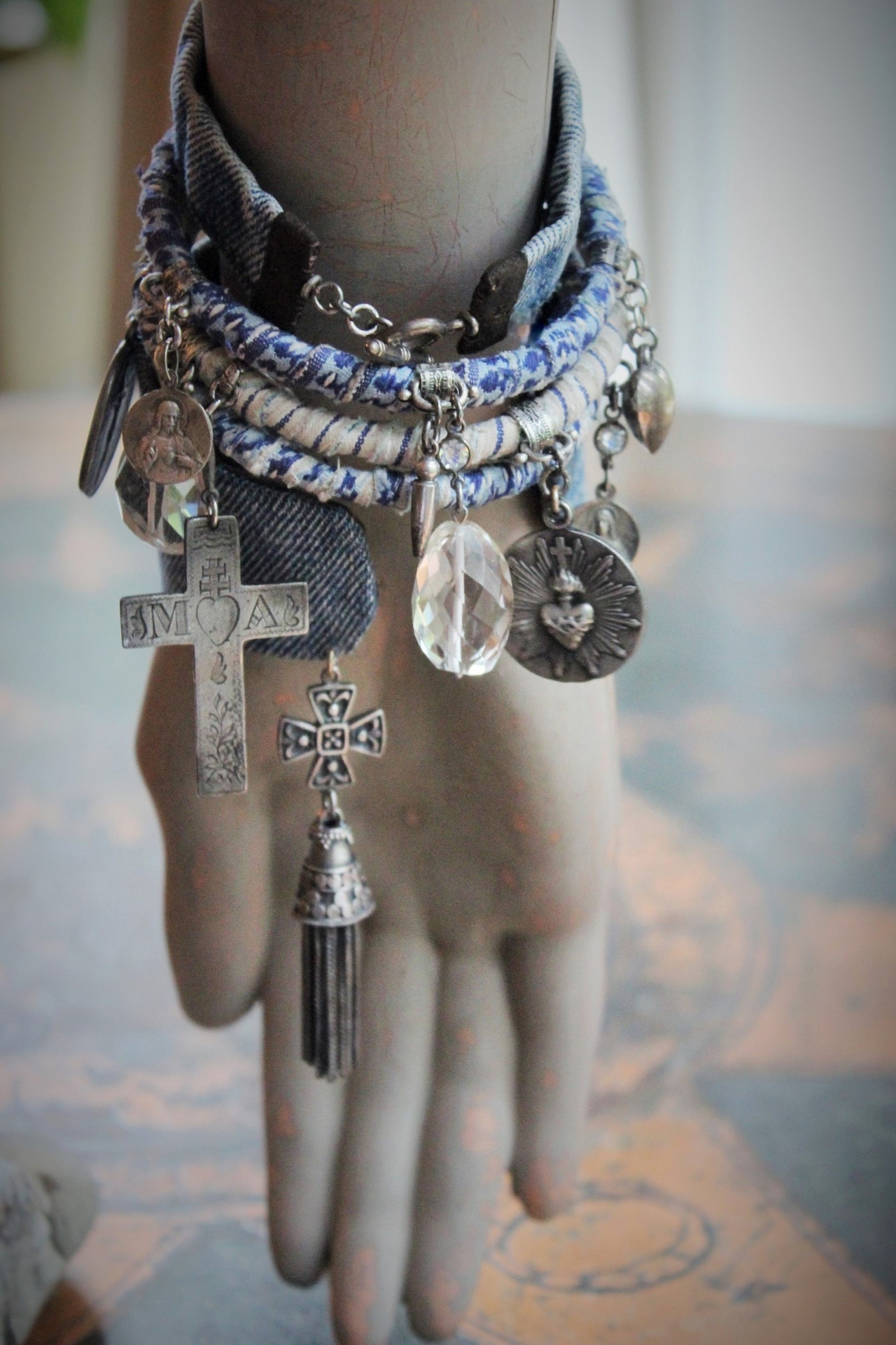 Stacking Distressed Denim, Kantha & Leather 5 Bangle Set w/Engraved French Mater Amabilis Cross,Flaming Sacred Heart Medal,Sterling 4 Way Cross & Tassel + More!