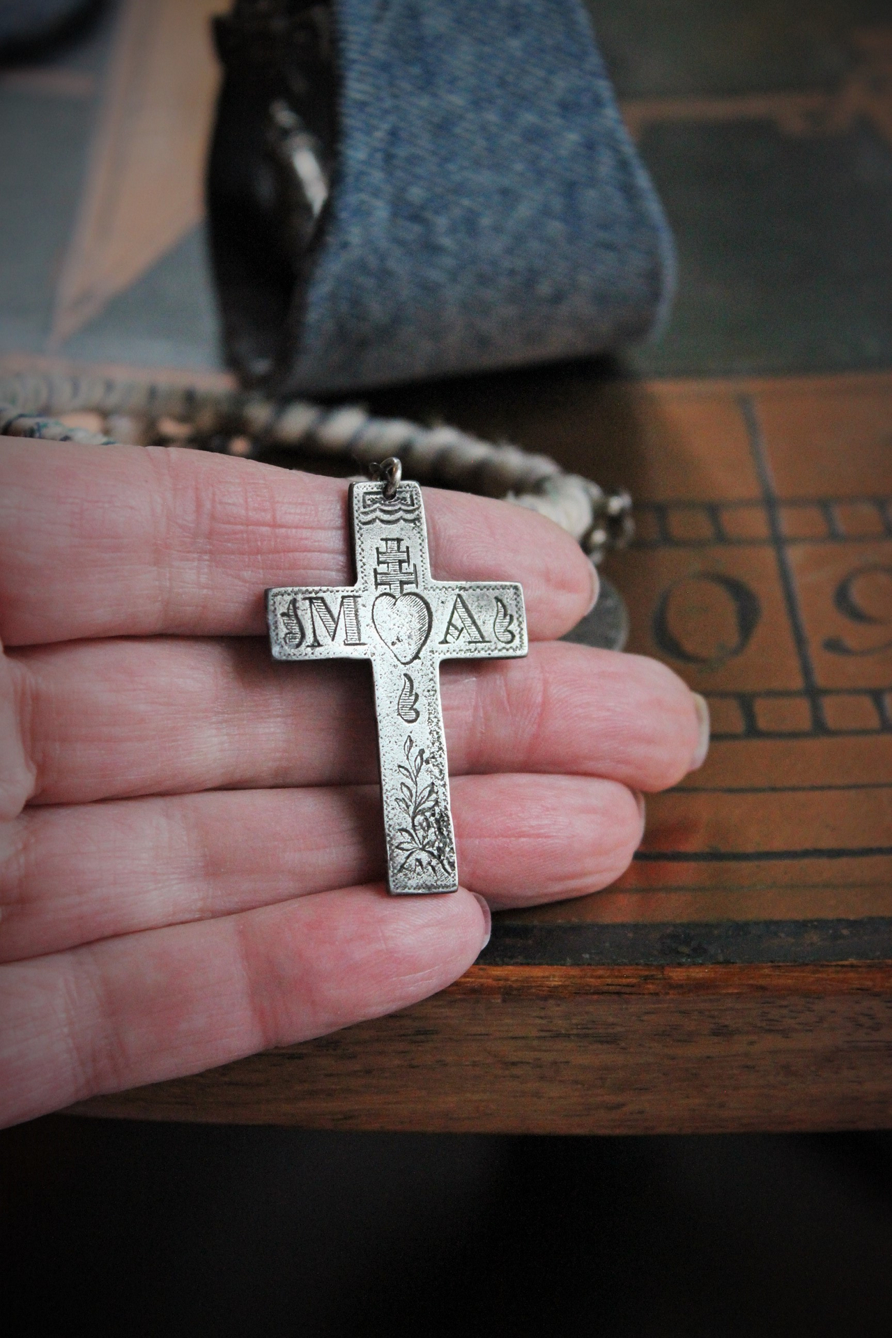 Stacking Distressed Denim, Kantha & Leather 5 Bangle Set w/Engraved French Mater Amabilis Cross,Flaming Sacred Heart Medal,Sterling 4 Way Cross & Tassel + More!