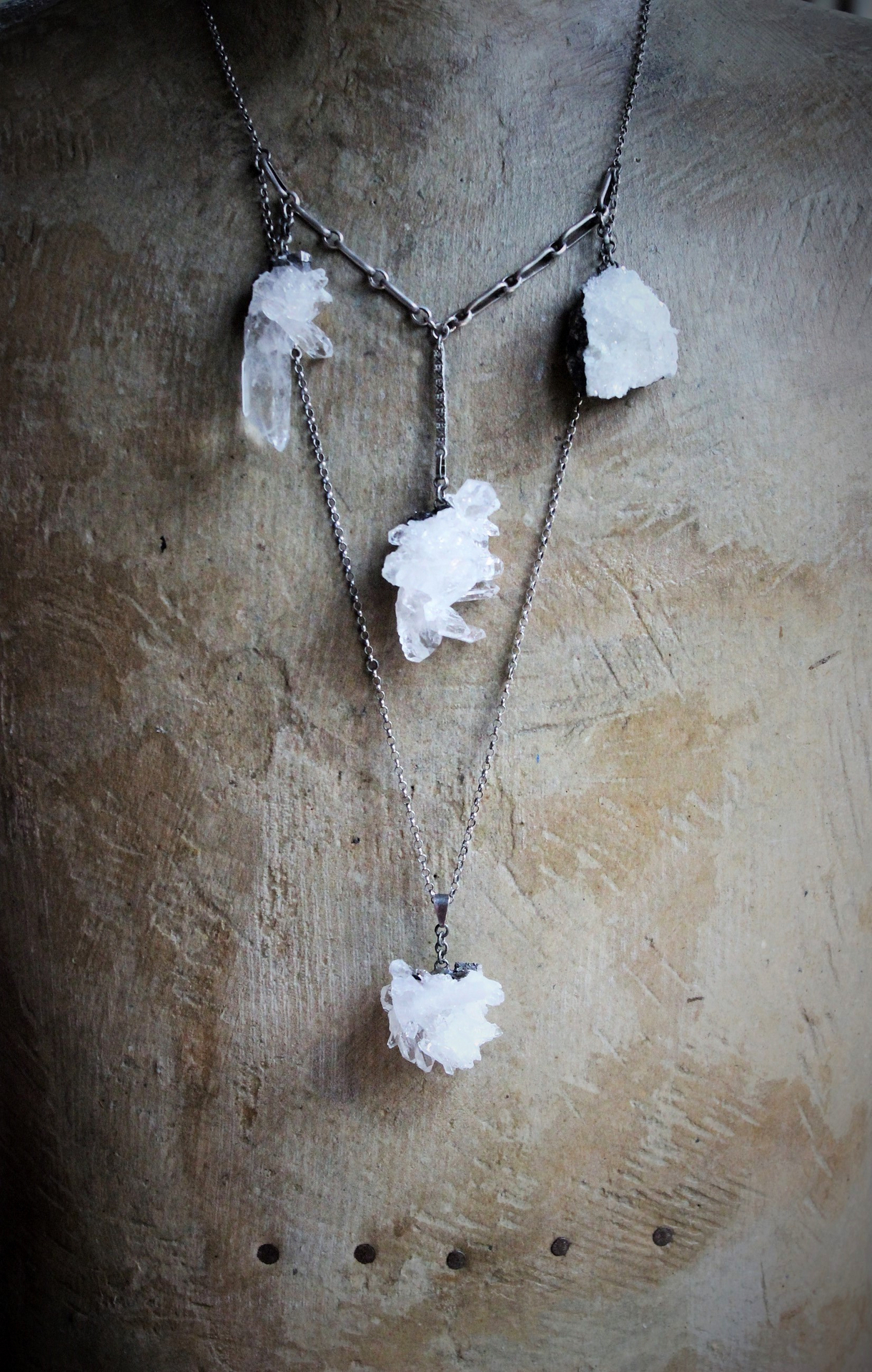 Clear Evidence Necklace w/Amazing Clear Rock Quartz Clusters, Antique Sterling & Rolo Chain,Sterling Bar Link Connector