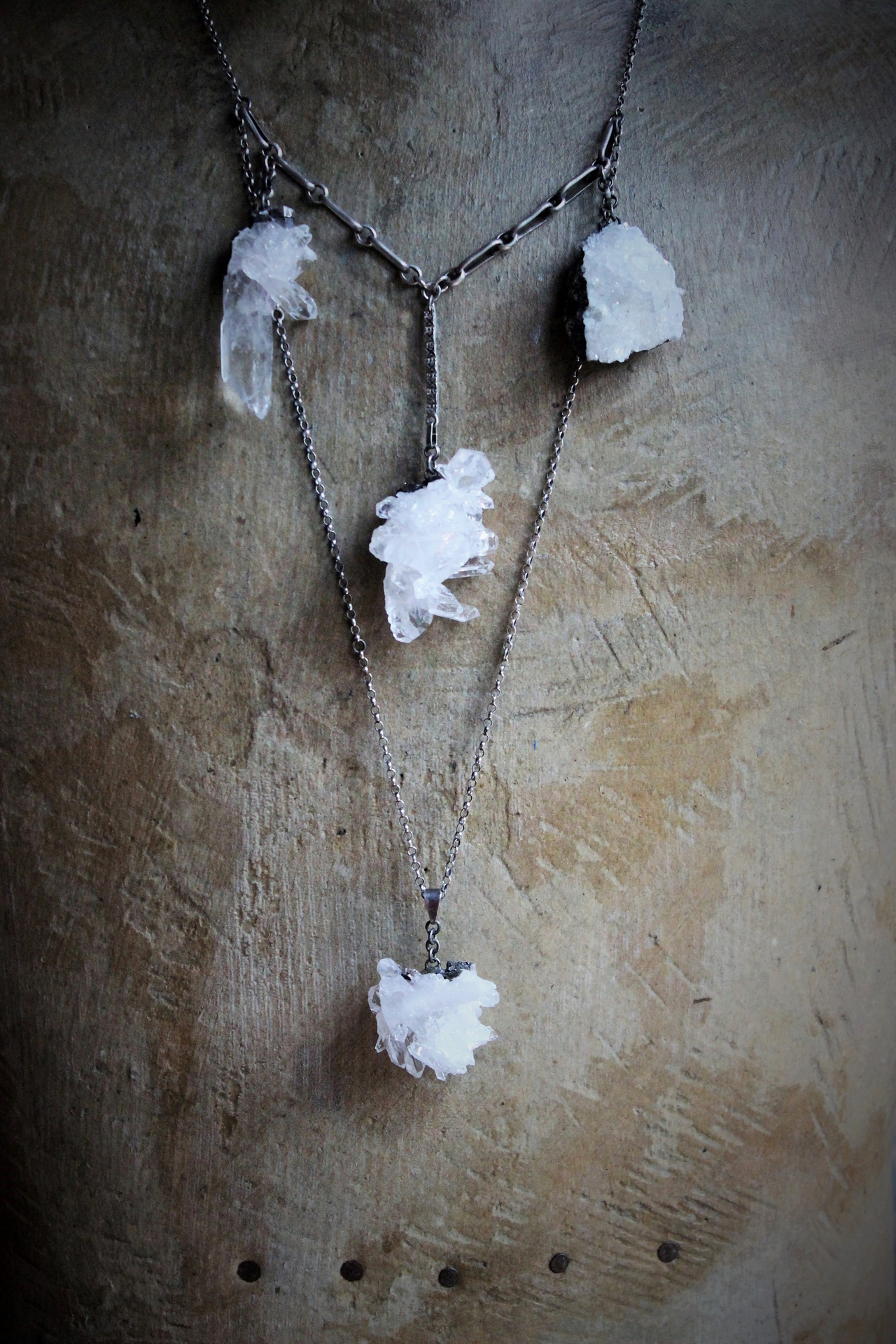 Clear Evidence Necklace w/Amazing Clear Rock Quartz Clusters, Antique Sterling & Rolo Chain,Sterling Bar Link Connector