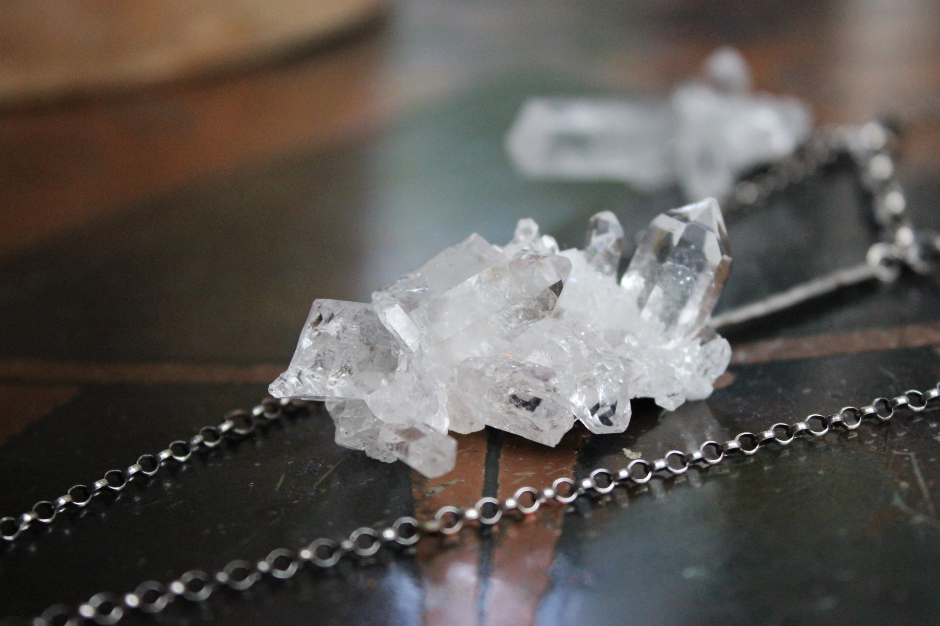 Clear Evidence Necklace w/Amazing Clear Rock Quartz Clusters, Antique Sterling & Rolo Chain,Sterling Bar Link Connector