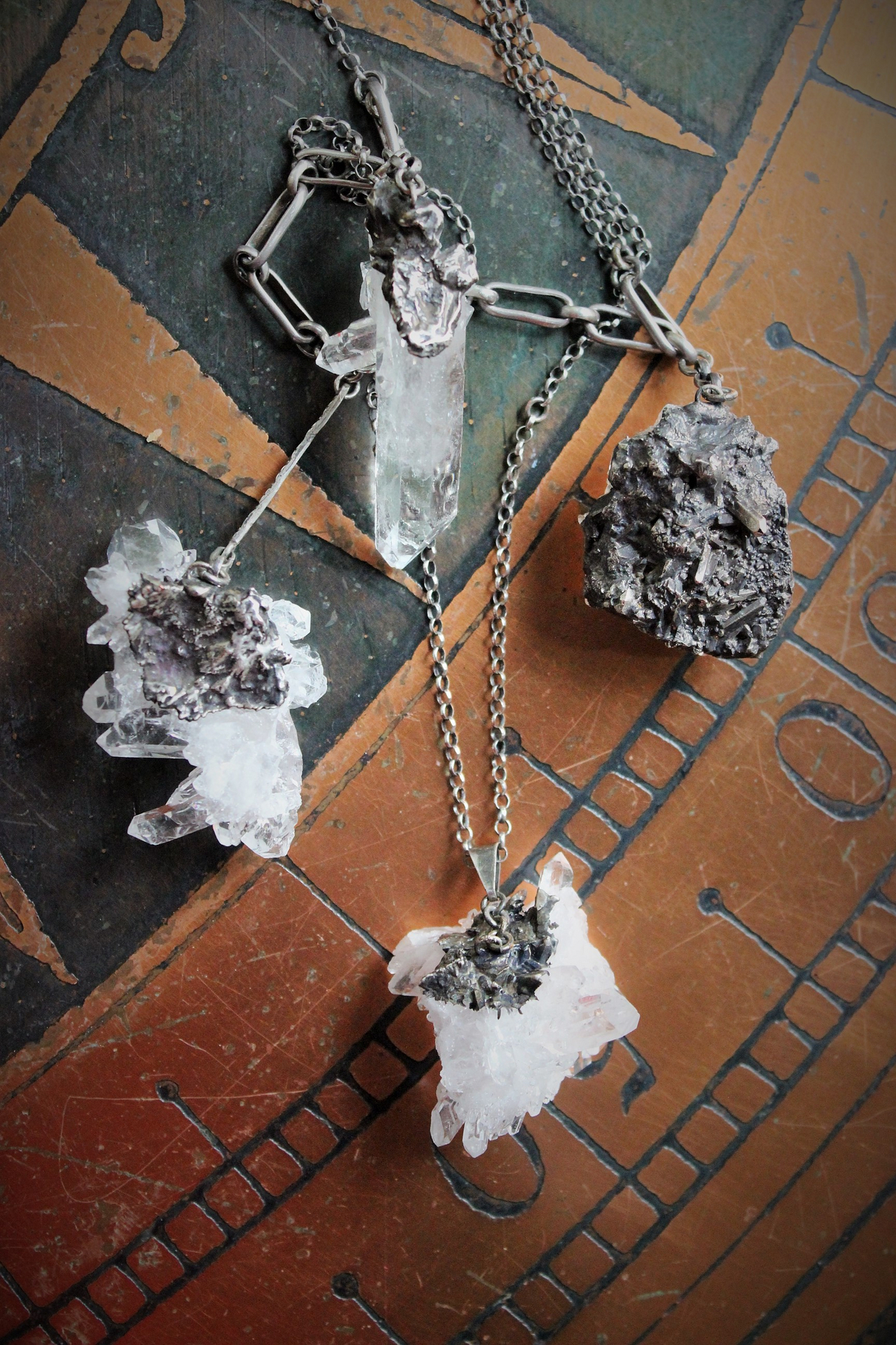 Clear Evidence Necklace w/Amazing Clear Rock Quartz Clusters, Antique Sterling & Rolo Chain,Sterling Bar Link Connector