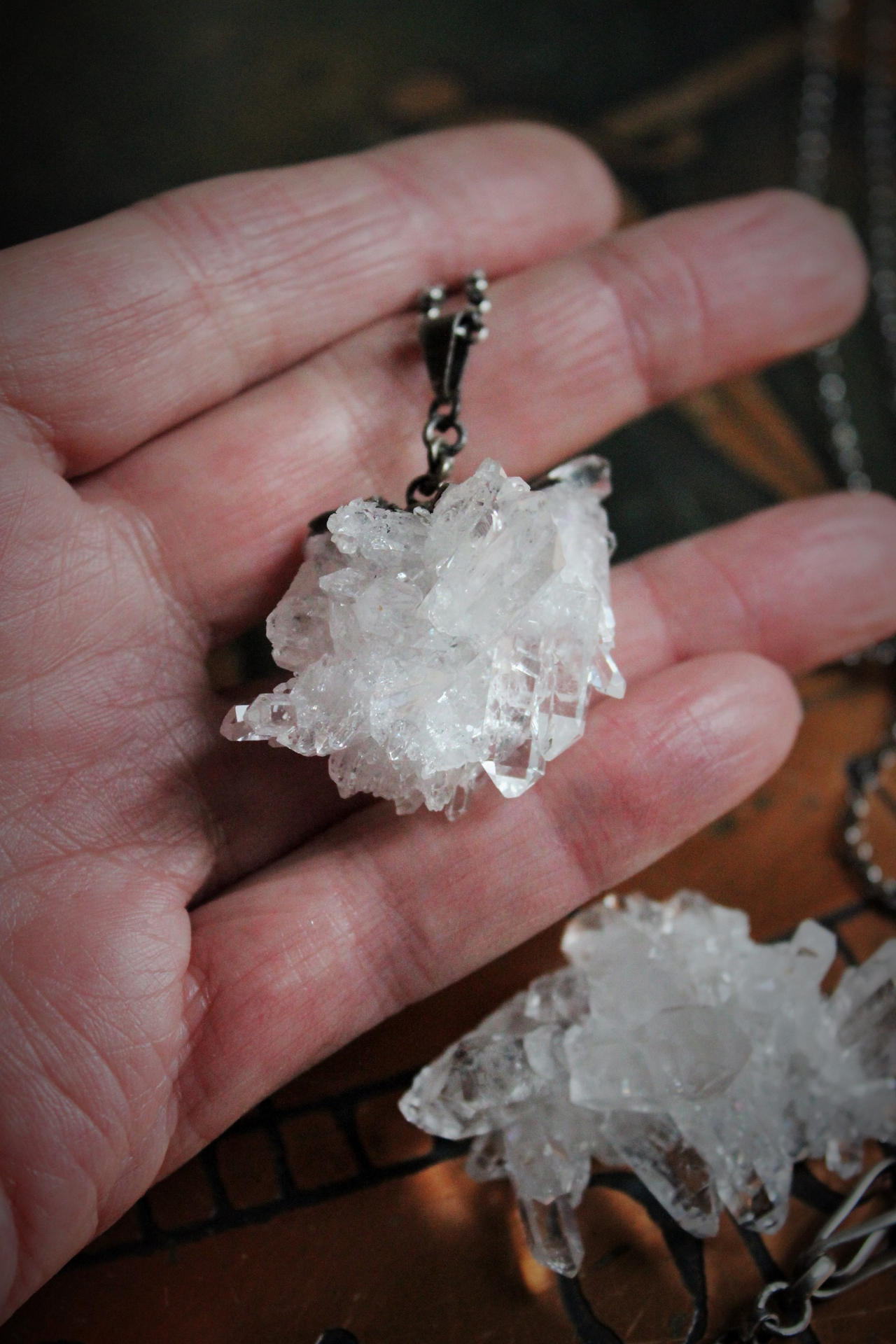 Clear Evidence Necklace w/Amazing Clear Rock Quartz Clusters, Antique Sterling & Rolo Chain,Sterling Bar Link Connector