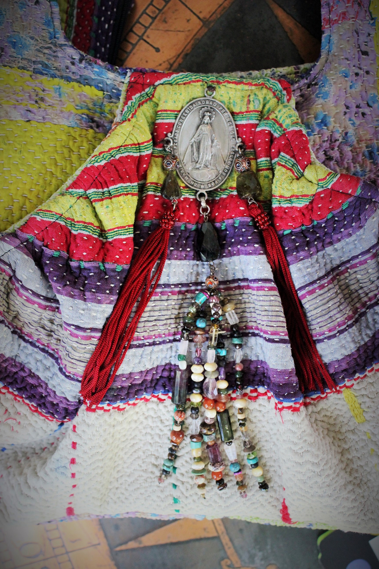 ALTaeRation Designs Antique Kantha Handbag w/Antique Marian Medal, Multi Gemstone Tassel,Antique Enamel Beads, Silk Tassels - and Matching Cosmetic Bag!