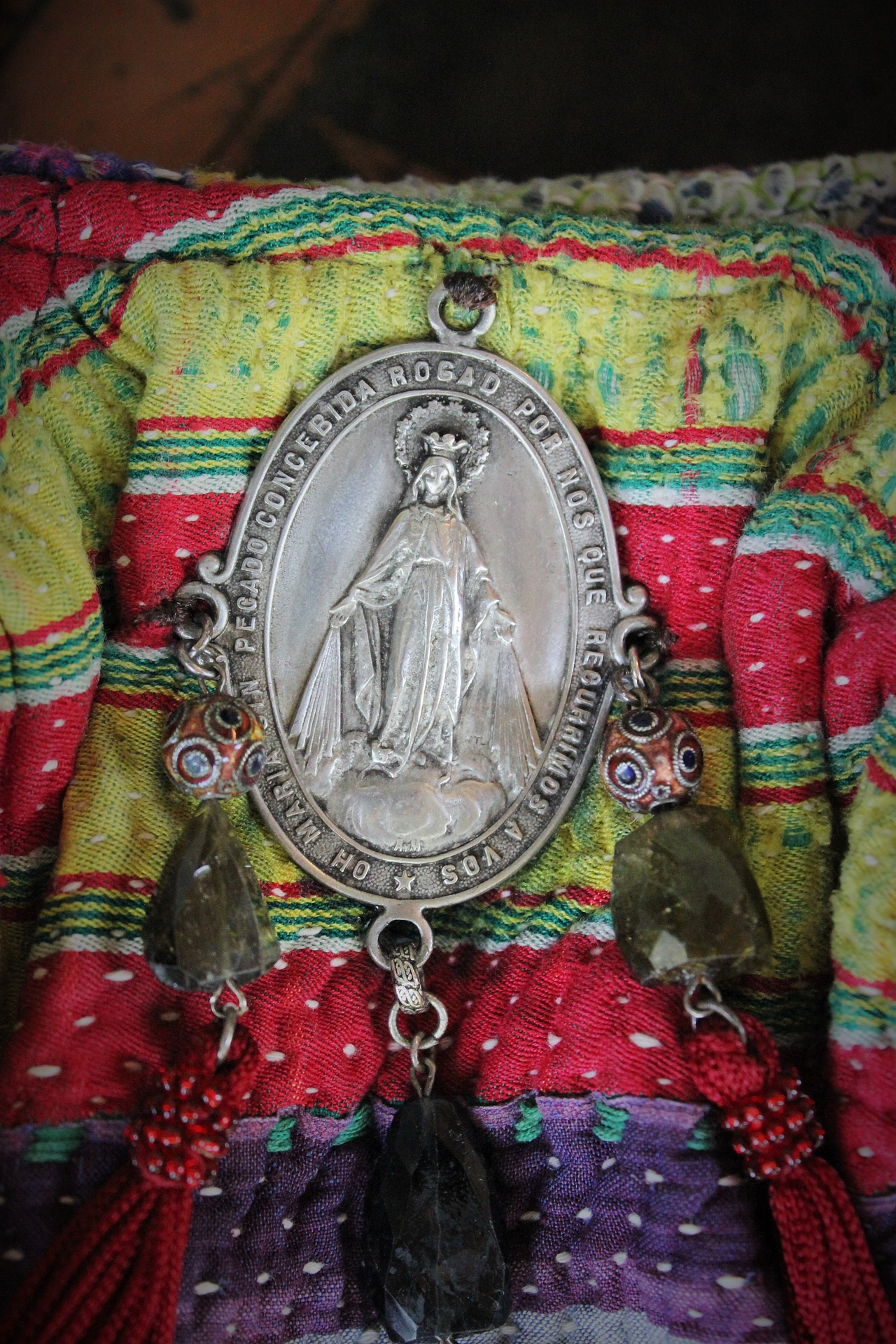ALTaeRation Designs Antique Kantha Handbag w/Antique Marian Medal, Multi Gemstone Tassel,Antique Enamel Beads, Silk Tassels - and Matching Cosmetic Bag!