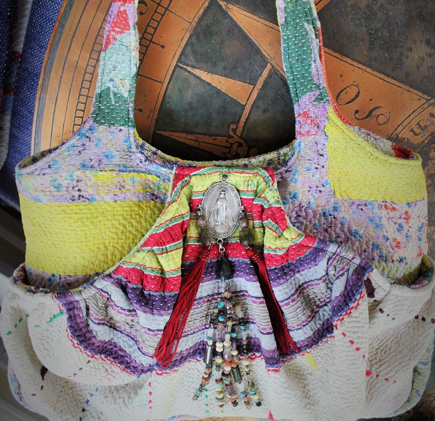 ALTaeRation Designs Antique Kantha Handbag w/Antique Marian Medal, Multi Gemstone Tassel,Antique Enamel Beads, Silk Tassels - and Matching Cosmetic Bag!