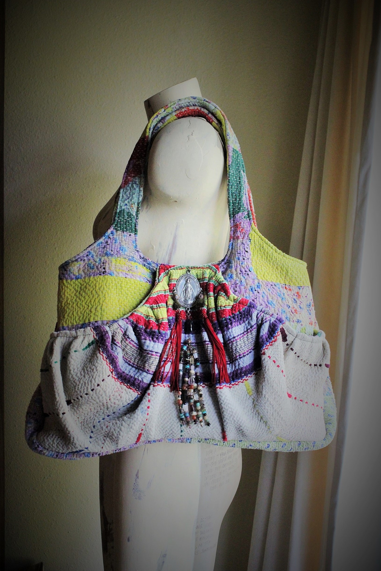 ALTaeRation Designs Antique Kantha Handbag w/Antique Marian Medal, Multi Gemstone Tassel,Antique Enamel Beads, Silk Tassels - and Matching Cosmetic Bag!