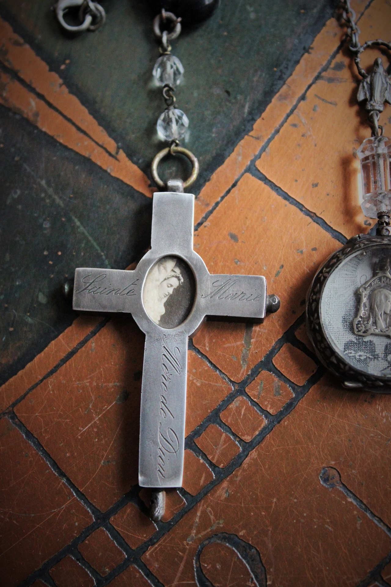 The Most Precious Light Necklace Set w/RARE Antique 19th Century French Engraved Sterling Reliquary Cross, Antique Sterling Pocket Watch Locket, Antique French Rosary Bead Chains