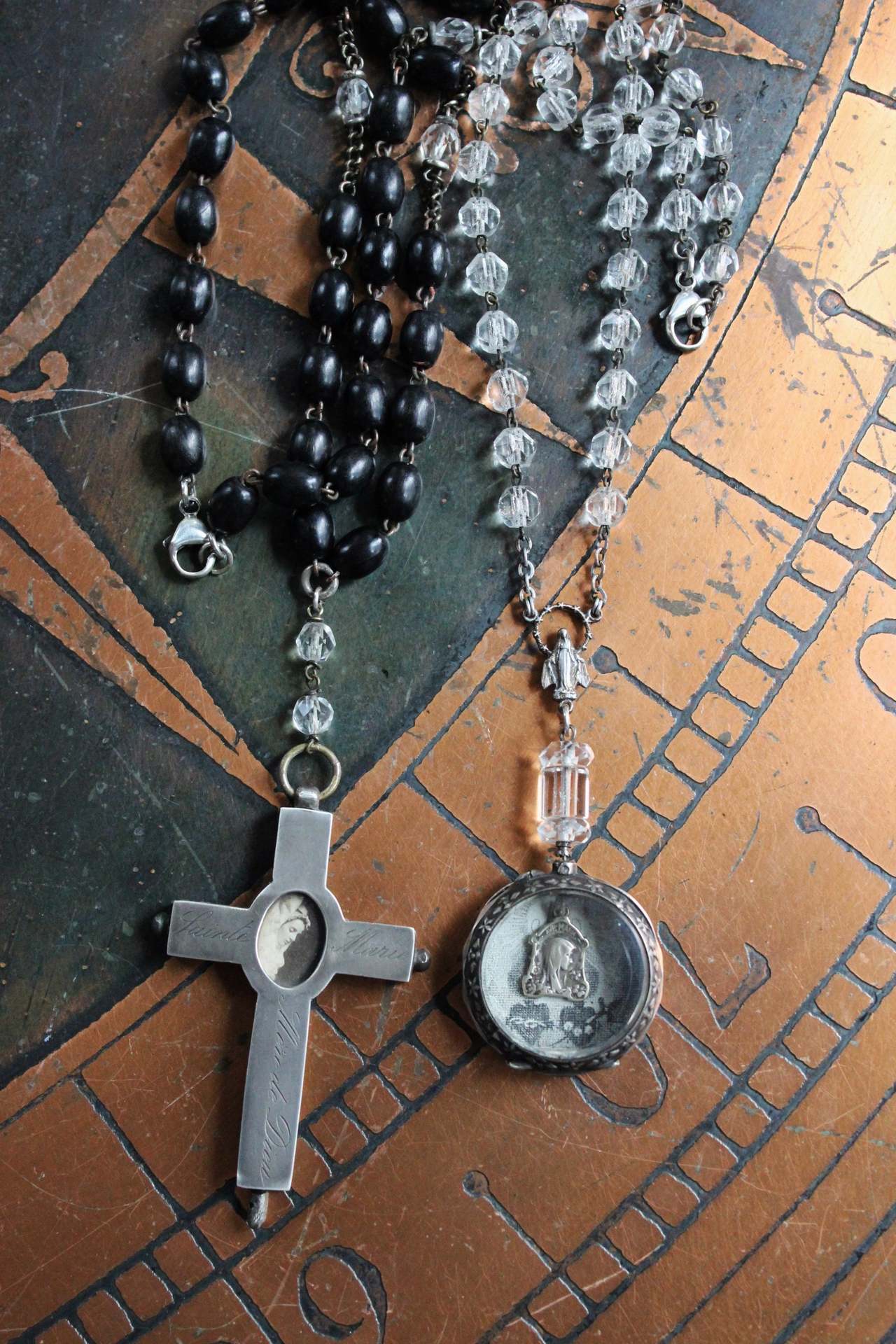 The Most Precious Light Necklace Set w/RARE Antique 19th Century French Engraved Sterling Reliquary Cross, Antique Sterling Pocket Watch Locket, Antique French Rosary Bead Chains