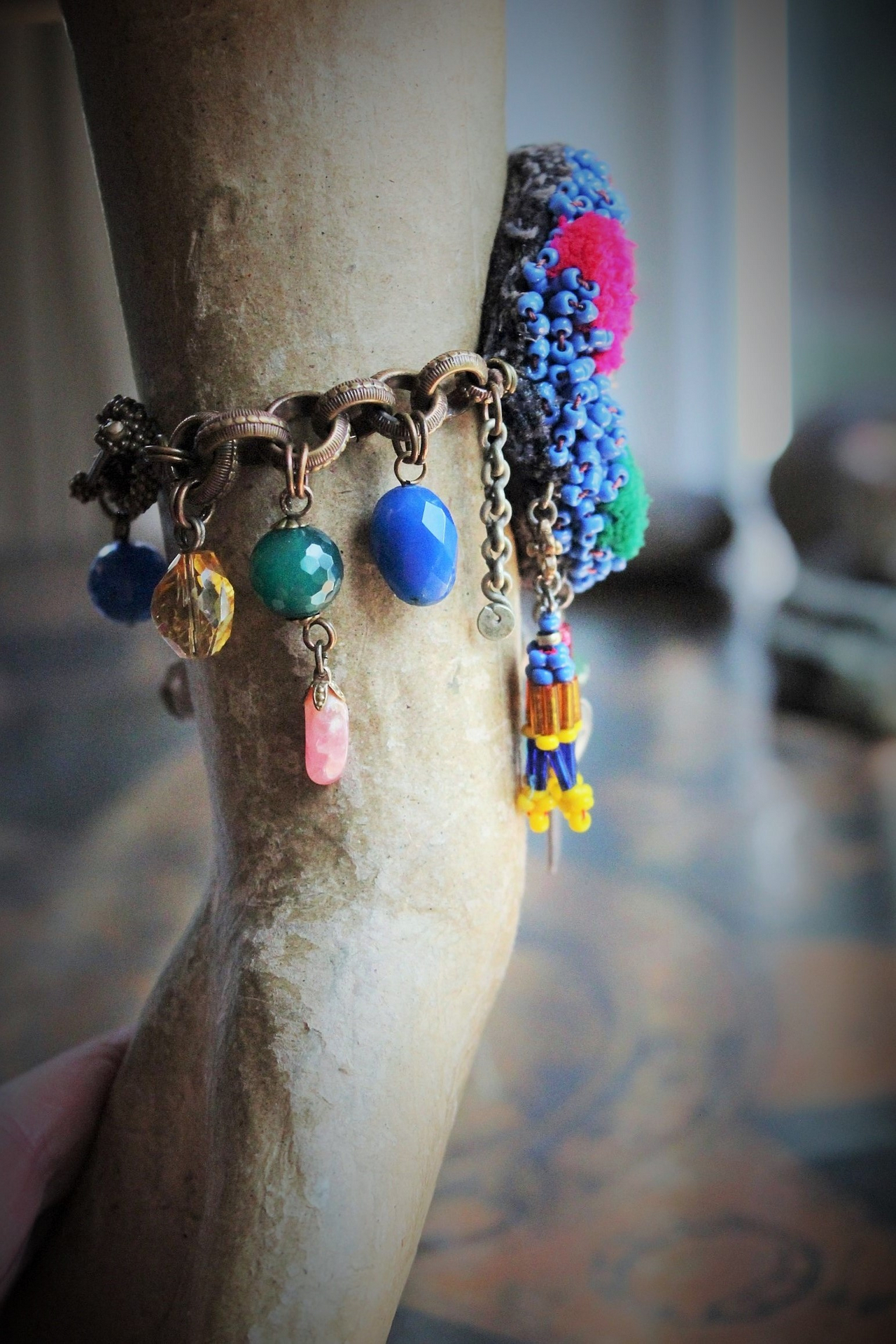 My Priestess Sisters Bracelet w/Antique Kuchi Gypsy Beaded Finding,Sterling The High Priestess Tarot Medal,Multiple Unique Dangles,Dweck Embossed Bronze Link Chain & Toggle Clasp