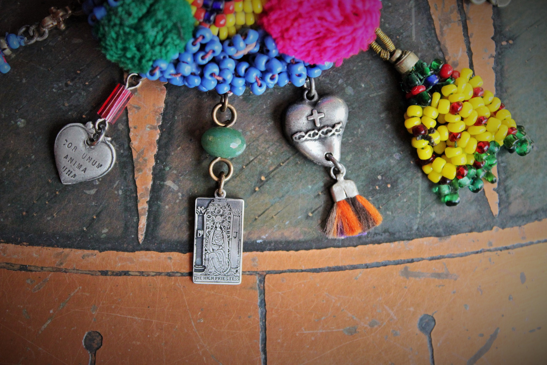 My Priestess Sisters Bracelet w/Antique Kuchi Gypsy Beaded Finding,Sterling The High Priestess Tarot Medal,Multiple Unique Dangles,Dweck Embossed Bronze Link Chain & Toggle Clasp