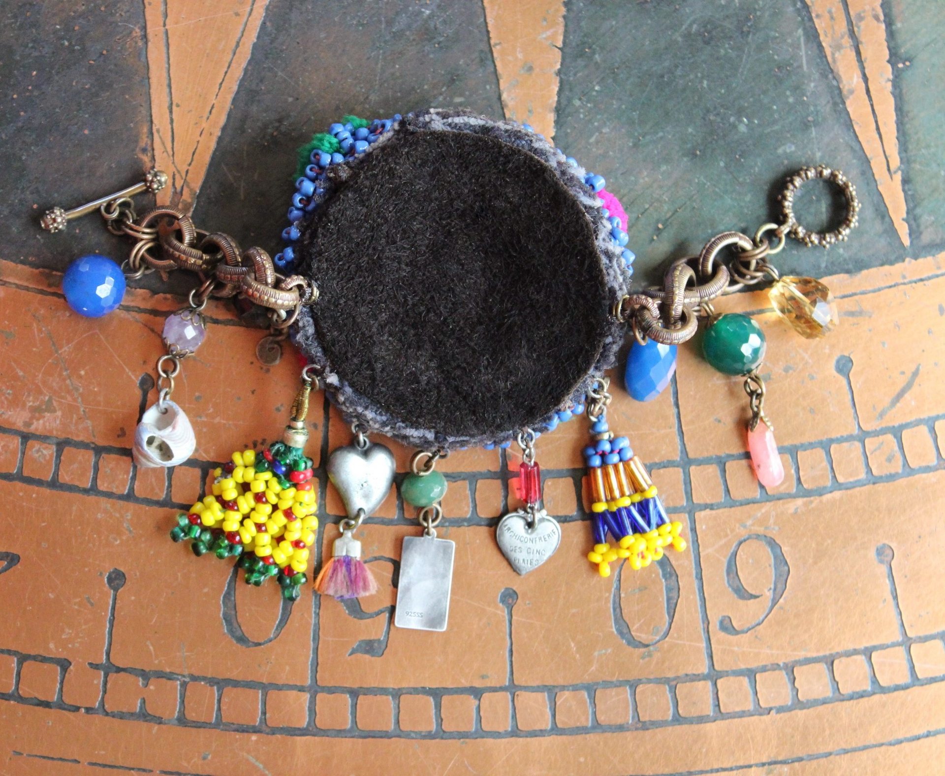 My Priestess Sisters Bracelet w/Antique Kuchi Gypsy Beaded Finding,Sterling The High Priestess Tarot Medal,Multiple Unique Dangles,Dweck Embossed Bronze Link Chain & Toggle Clasp