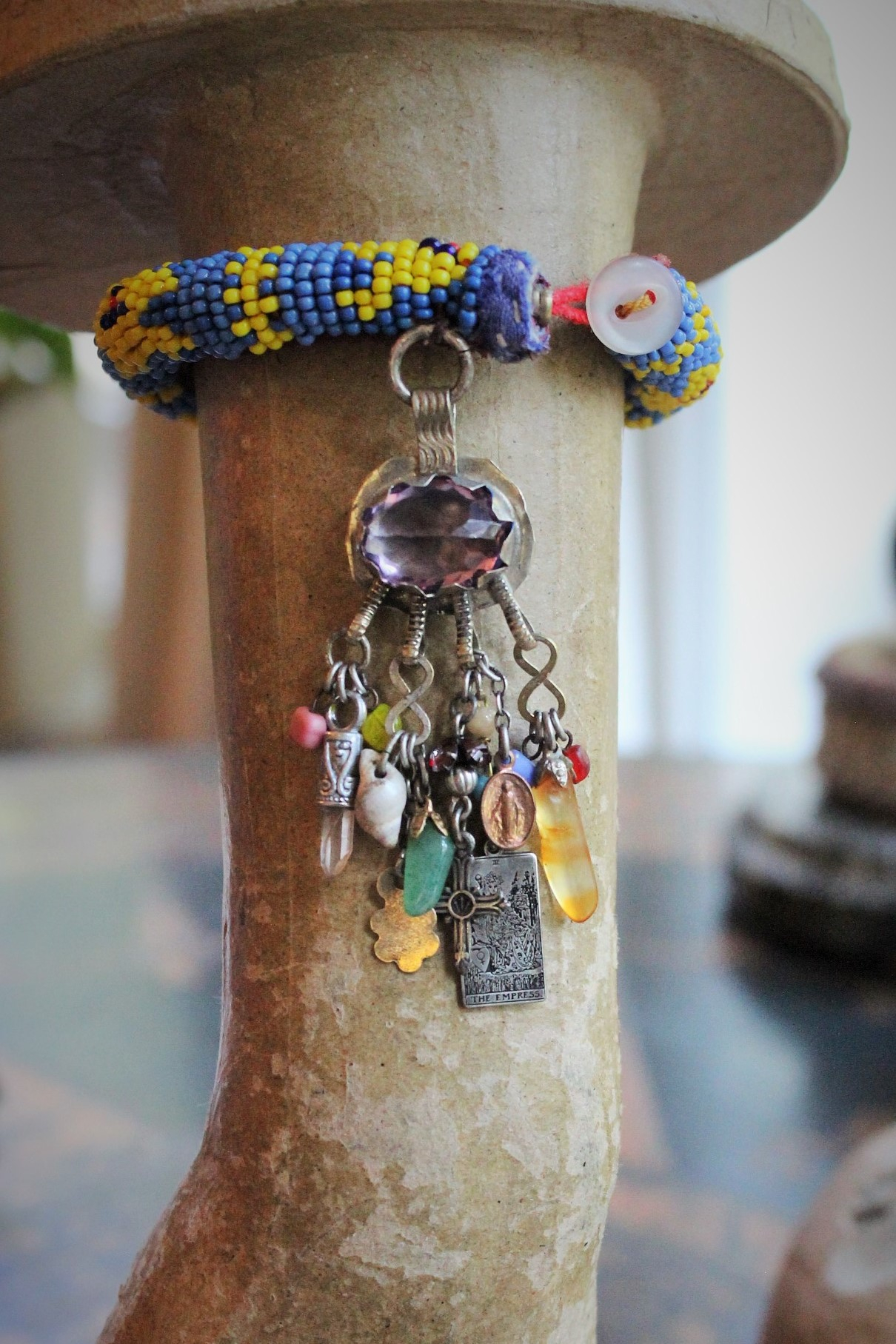 The Empress Bracelet w/Antique Beaded Nomadic Gypsy Cuff,Sterling The Empress Tarot Medal, Large Faceted Amethyst,Tiny Rock Quartz Point & Much More!