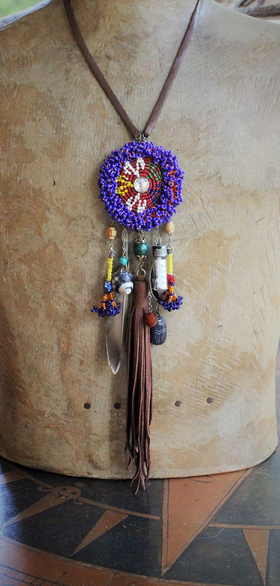 Everything you Need Amulet Necklace w/Antique Gypsy Beaded Finding,Antique Inlaid Crescent Moon,Artisan Butter Soft Leather Tassel & Ties + More!