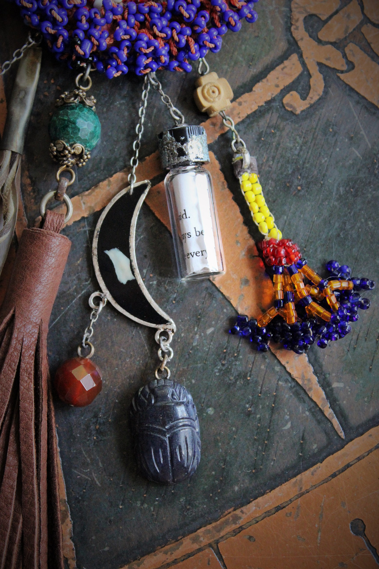 Everything you Need Amulet Necklace w/Antique Gypsy Beaded Finding,Antique Inlaid Crescent Moon,Artisan Butter Soft Leather Tassel & Ties + More!