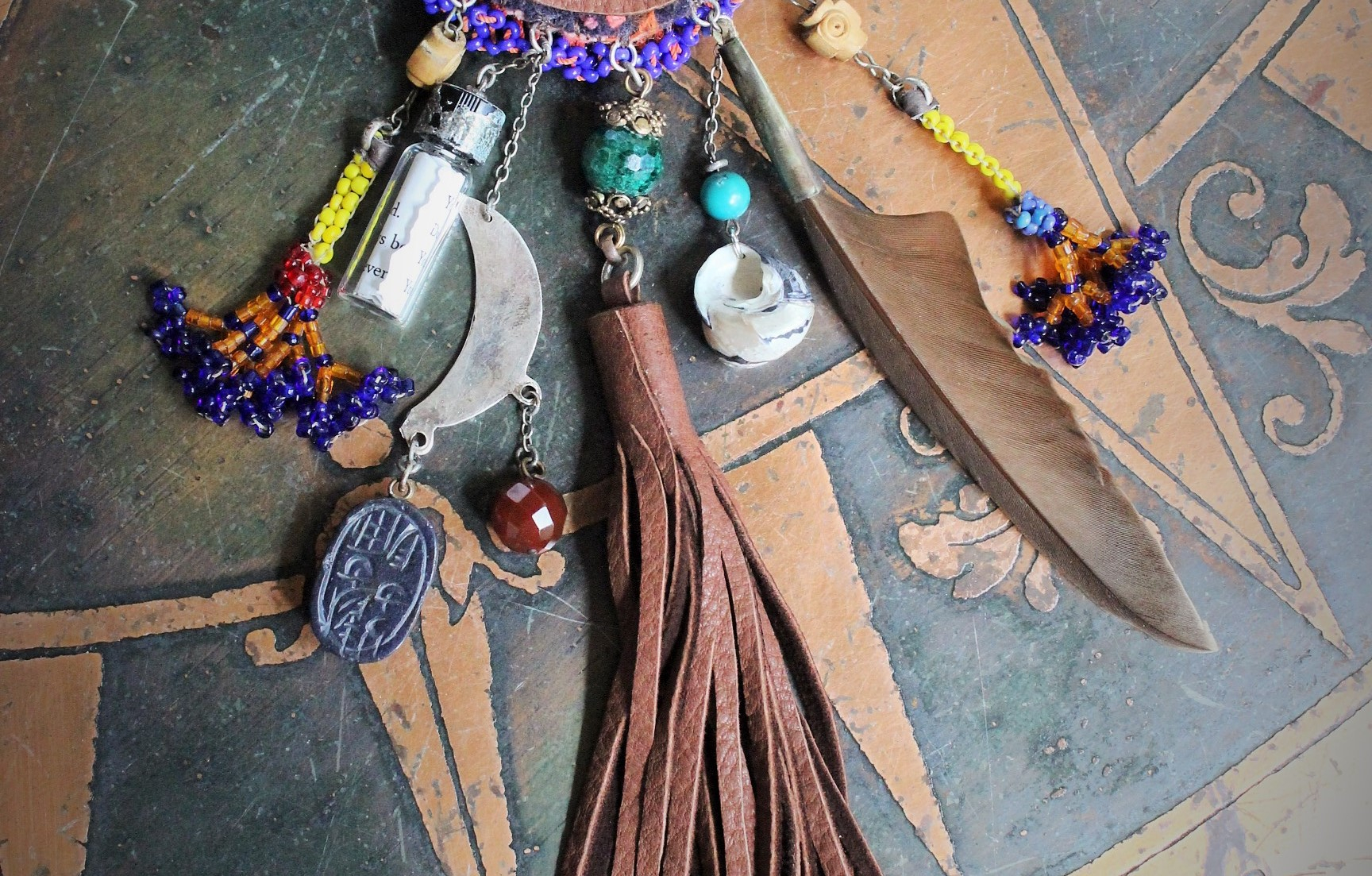 Everything you Need Amulet Necklace w/Antique Gypsy Beaded Finding,Antique Inlaid Crescent Moon,Artisan Butter Soft Leather Tassel & Ties + More!