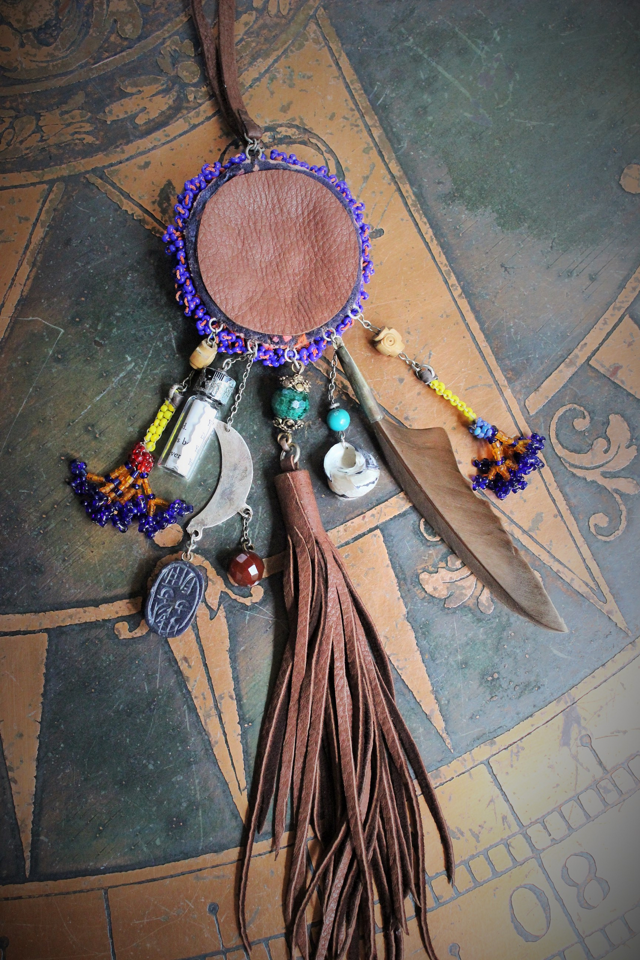 Everything you Need Amulet Necklace w/Antique Gypsy Beaded Finding,Antique Inlaid Crescent Moon,Artisan Butter Soft Leather Tassel & Ties + More!