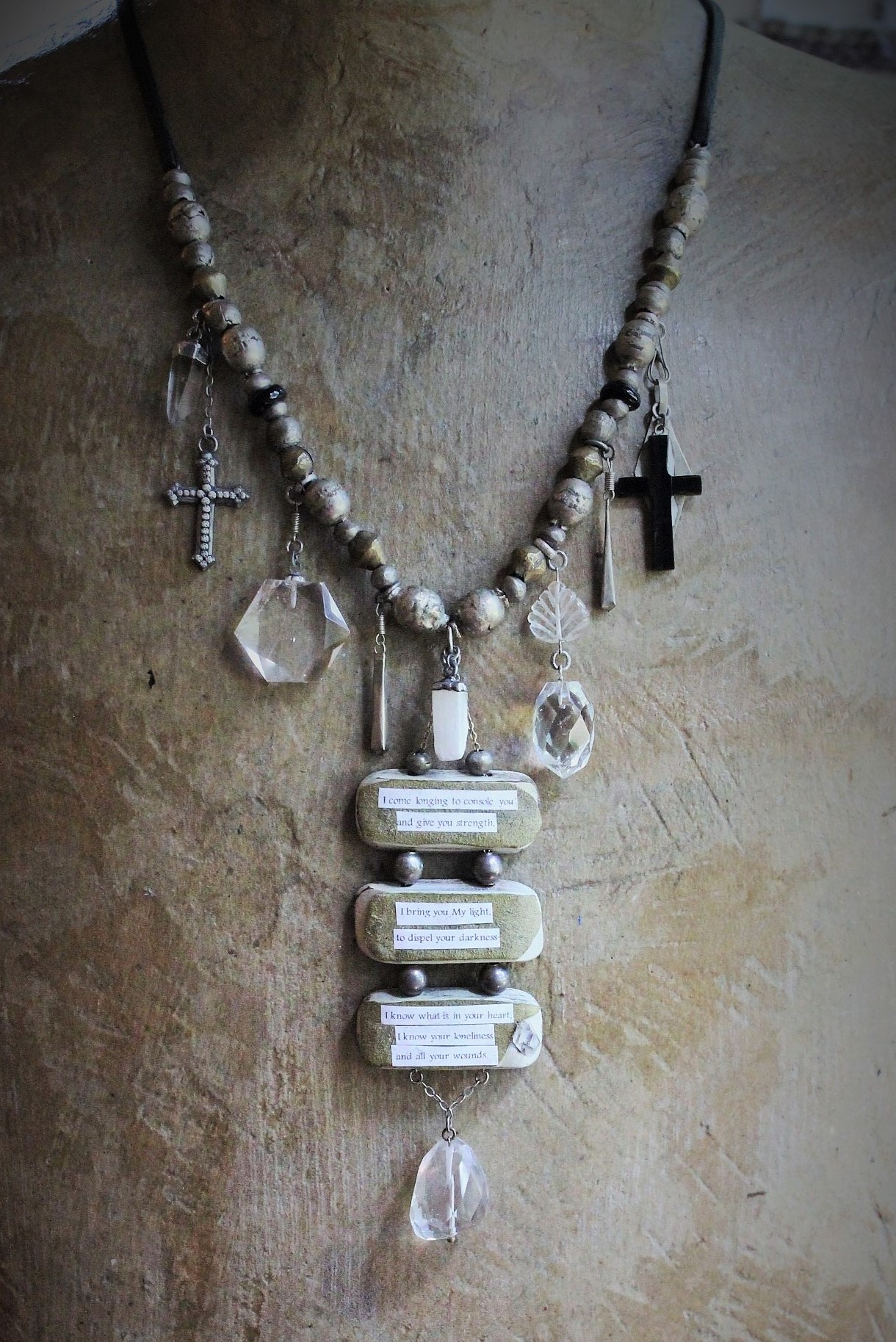 I Come Longing Necklace w/Antique Tribal Beads,Old Wood Findings with Mother Teresa "I THIRST" Text,Multiple Rock Quartz Drops,Antique Kuchi Findings & More!