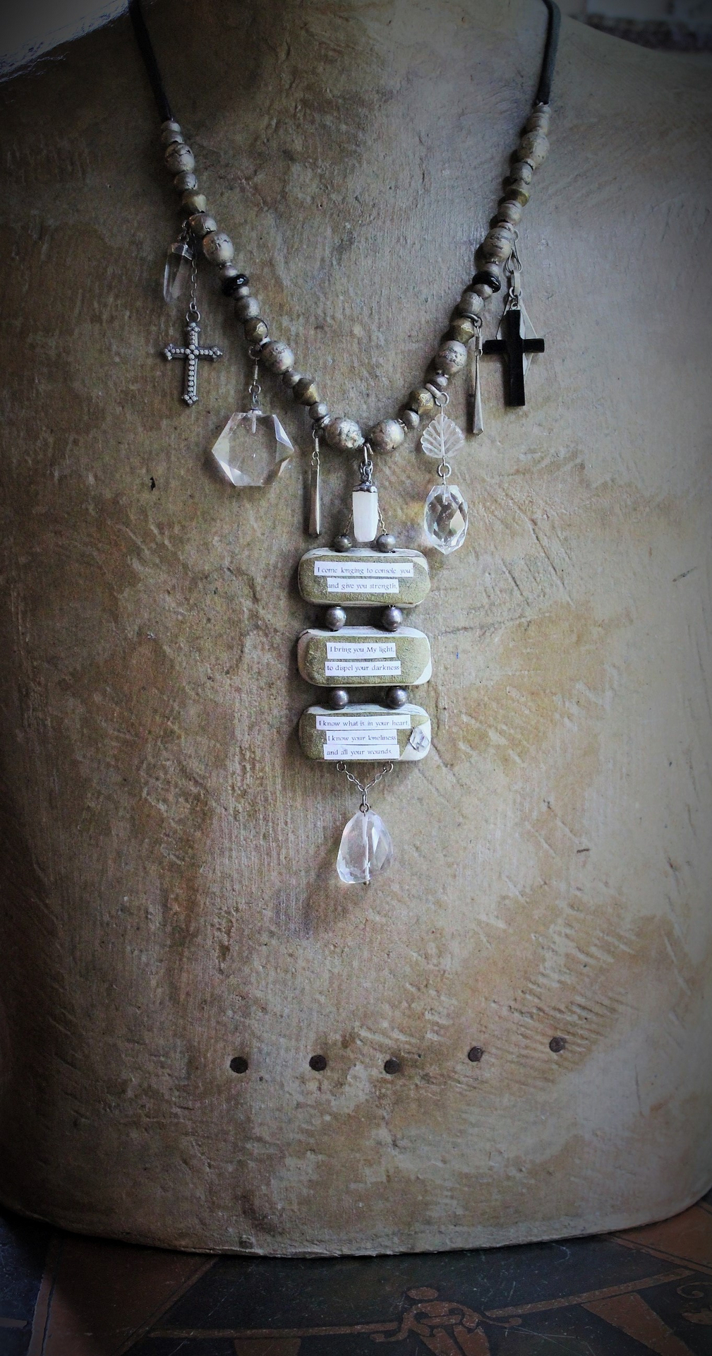 I Come Longing Necklace w/Antique Tribal Beads,Old Wood Findings with Mother Teresa "I THIRST" Text,Multiple Rock Quartz Drops,Antique Kuchi Findings & More!