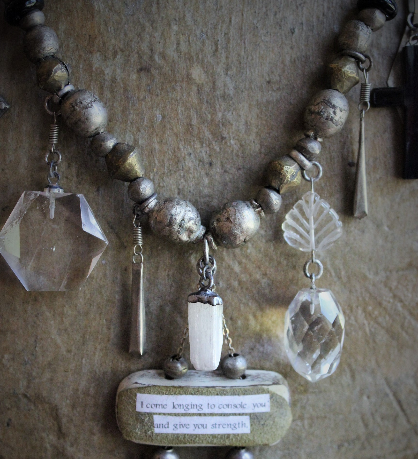 I Come Longing Necklace w/Antique Tribal Beads,Old Wood Findings with Mother Teresa "I THIRST" Text,Multiple Rock Quartz Drops,Antique Kuchi Findings & More!