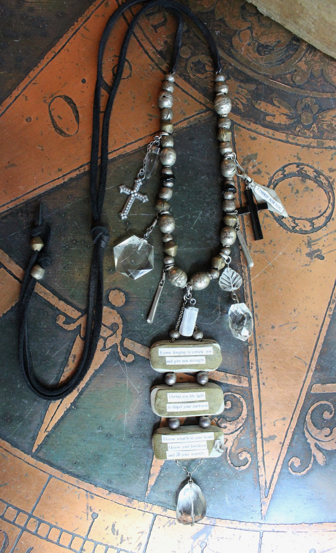 I Come Longing Necklace w/Antique Tribal Beads,Old Wood Findings with Mother Teresa "I THIRST" Text,Multiple Rock Quartz Drops,Antique Kuchi Findings & More!