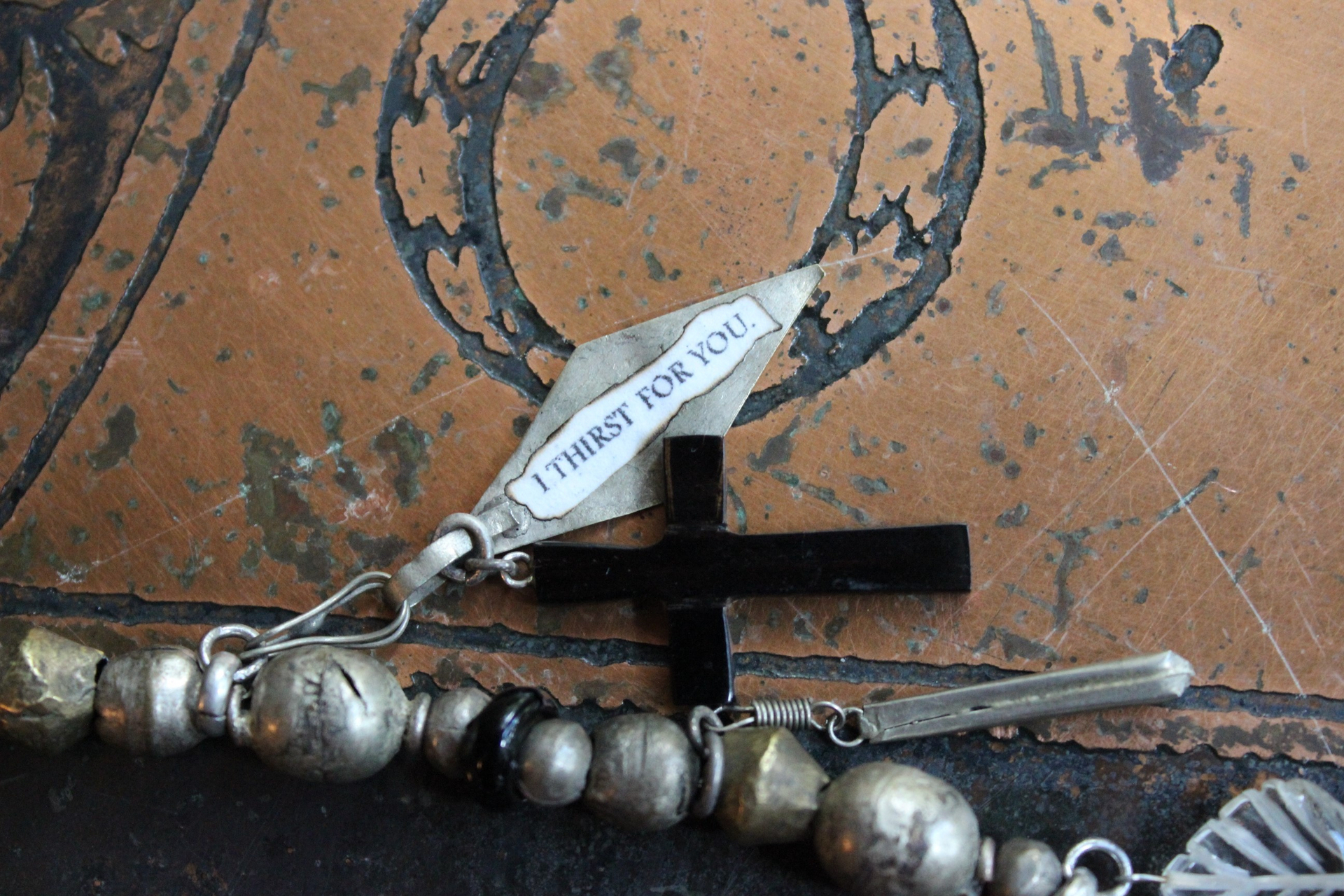 I Come Longing Necklace w/Antique Tribal Beads,Old Wood Findings with Mother Teresa "I THIRST" Text,Multiple Rock Quartz Drops,Antique Kuchi Findings & More!