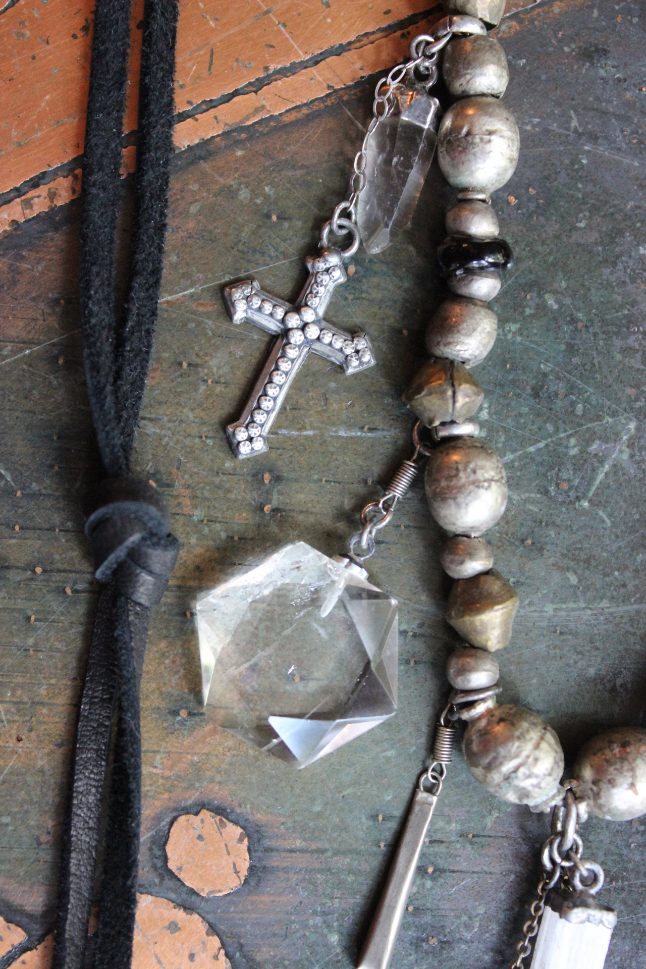 I Come Longing Necklace w/Antique Tribal Beads,Old Wood Findings with Mother Teresa "I THIRST" Text,Multiple Rock Quartz Drops,Antique Kuchi Findings & More!